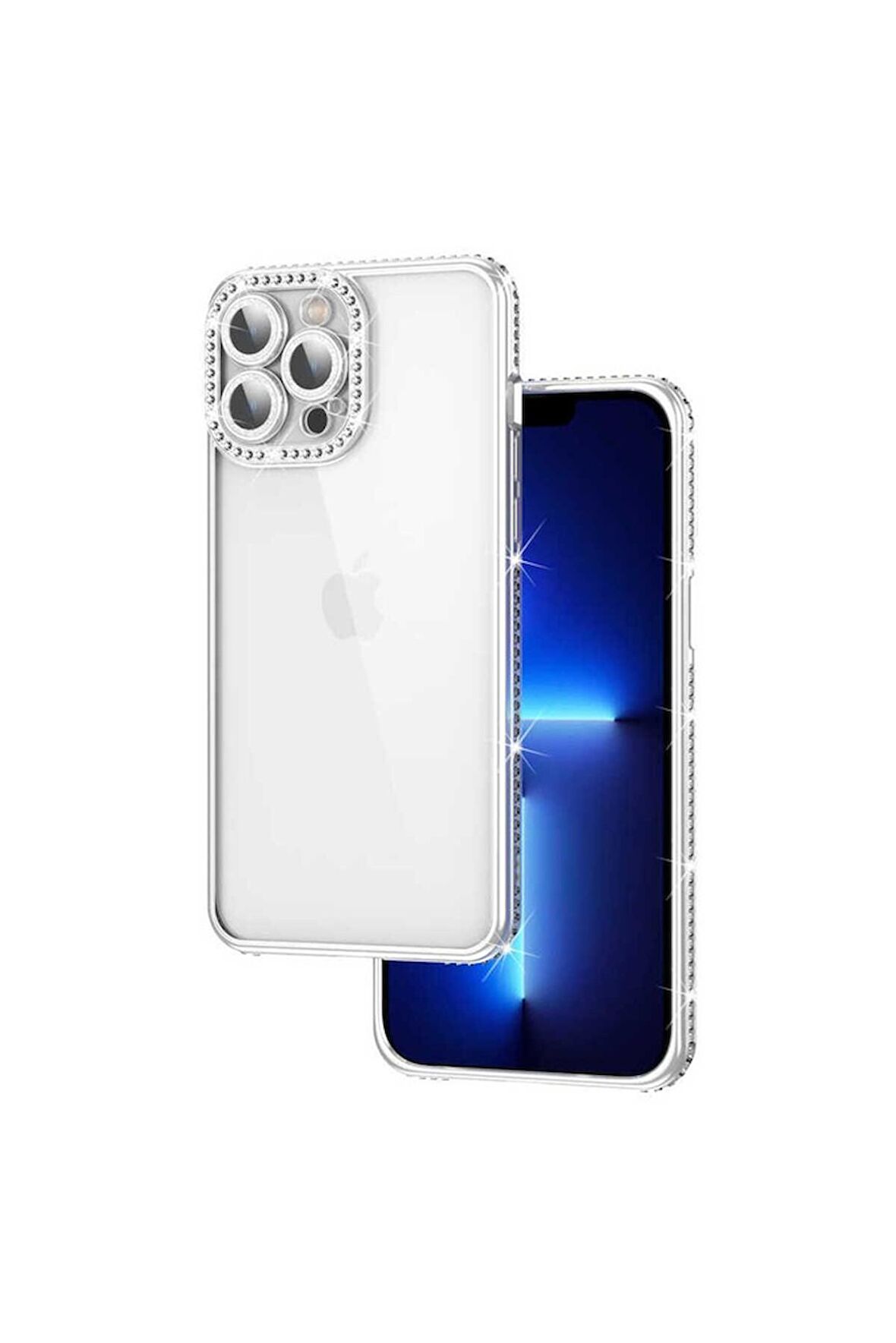 Apple iPhone 12 Pro Uyumlu Kılıf Kamera Korumalı Taşlı Mina Kapak Gümüş