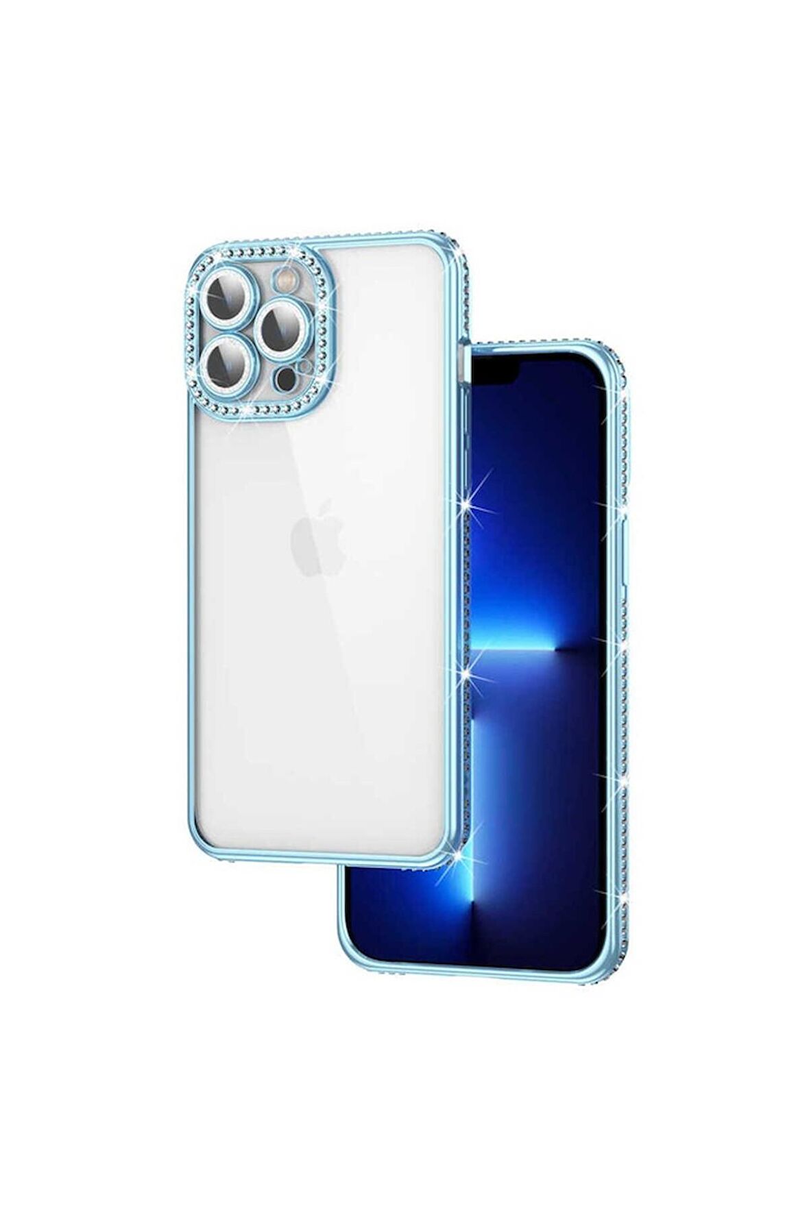 Apple iPhone 12 Pro Max Uyumlu Kılıf Kamera Korumalı Taşlı Mina Kapak Mavi