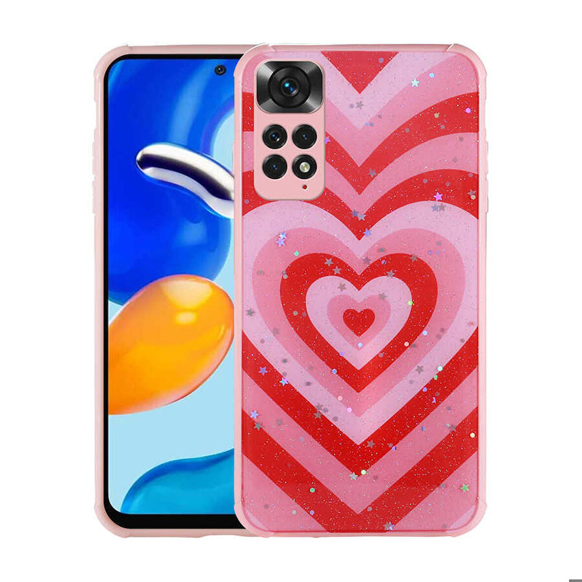 Xiaomi Redmi Note 11 Global Uyumlu Kılıf Simli Desenli Kamera Korumalı Parlak Popy Kapak Kalp