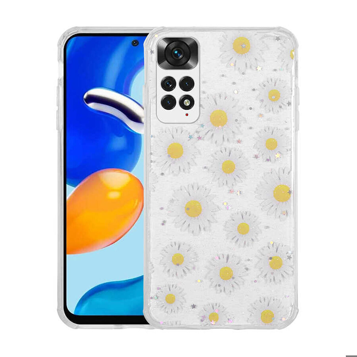 Xiaomi Redmi Note 11 Global Uyumlu Kılıf Simli Desenli Kamera Korumalı Parlak Popy Kapak Papatya