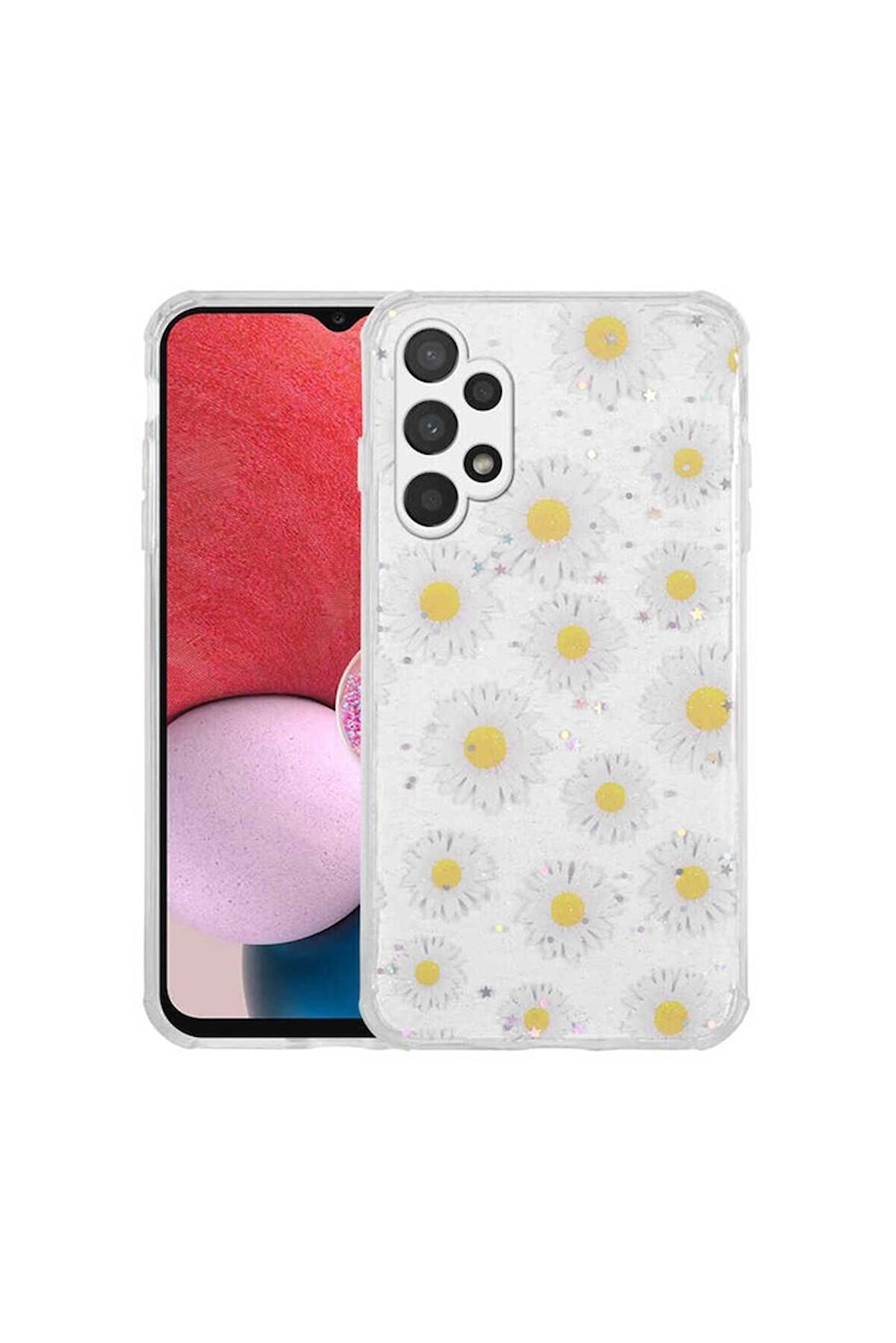 Samsung Galaxy A13 4G Uyumlu Kılıf Simli Desenli Kamera Korumalı Parlak Popy Kapak Papatya