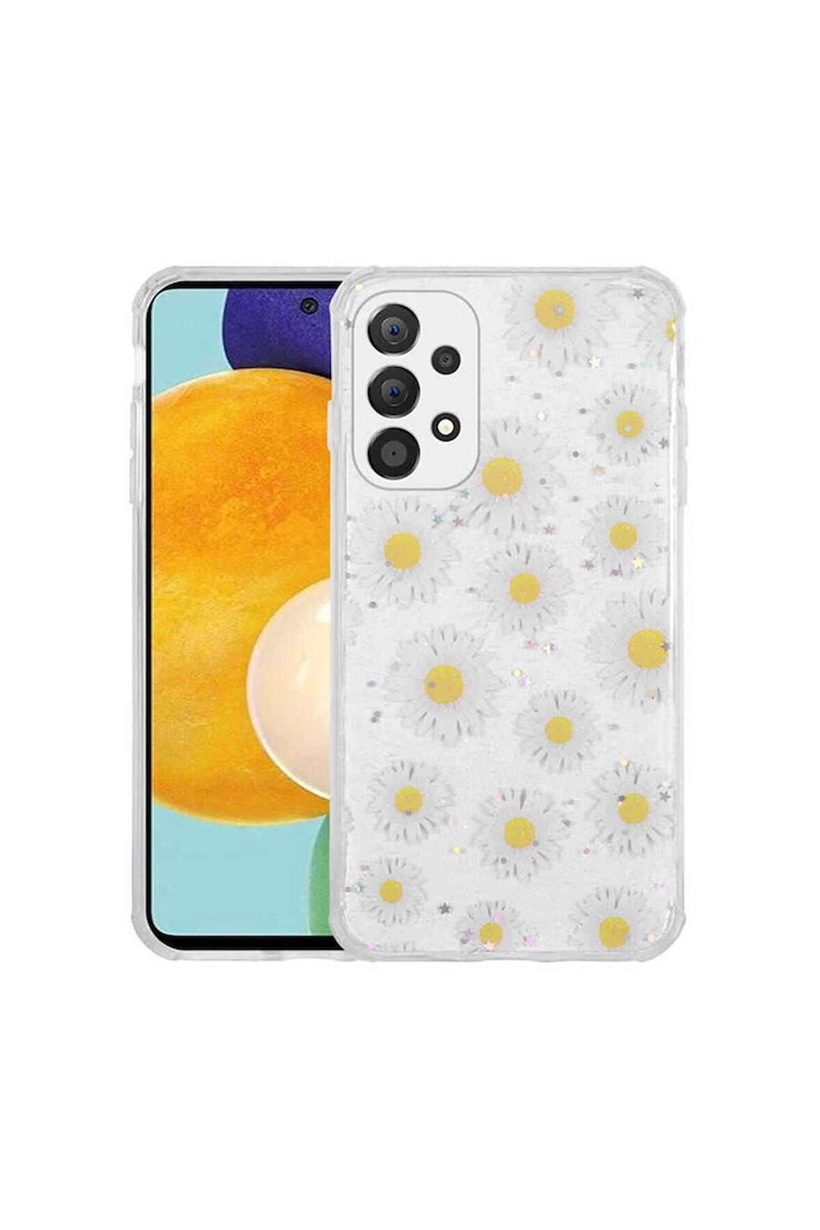 Samsung Galaxy A33 5G Uyumlu Kılıf Simli Desenli Kamera Korumalı Parlak Popy Kapak Papatya
