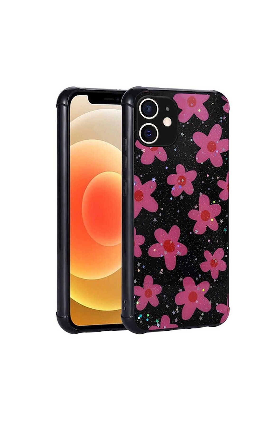 Apple iPhone 12 Uyumlu Kılıf Simli Desenli Kamera Korumalı Parlak Popy Kapak Çiçek