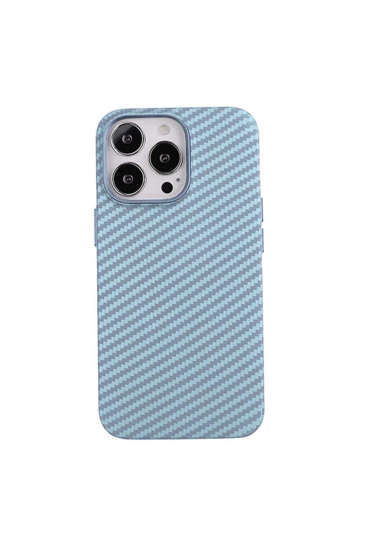Apple iPhone 13 Pro Uyumlu Kılıf Karbon Fiber Tasarımlı Karbono Kapak Mavi