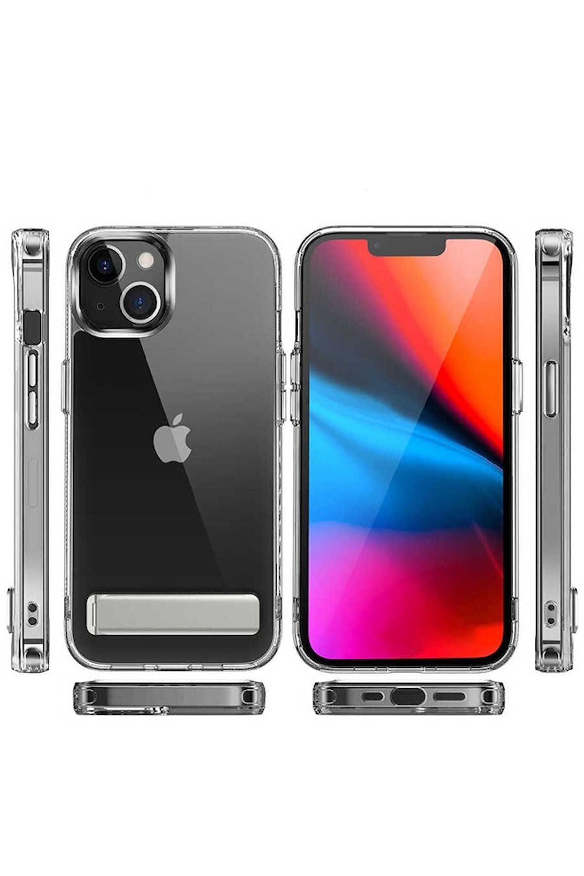 Apple iPhone 14 Uyumlu Kılıf Standlı Şeffaf Silikon L-Stand Kapak