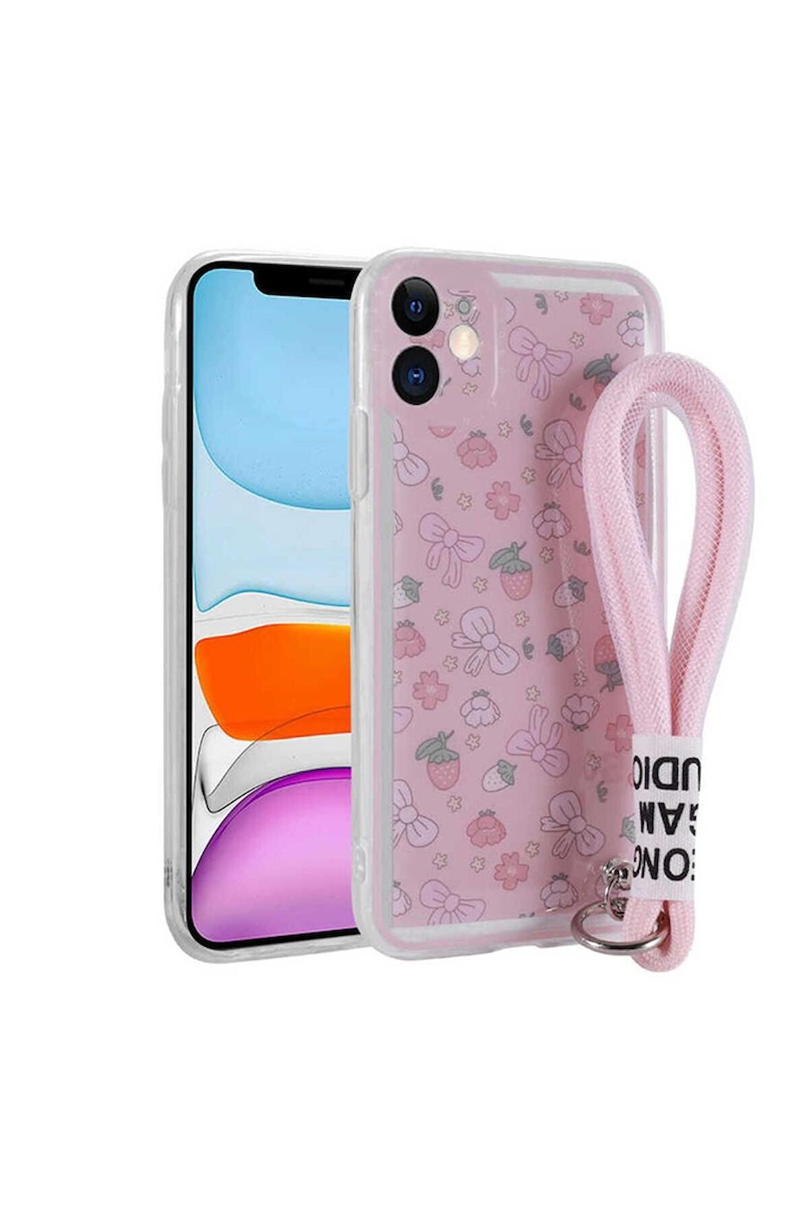 Apple iPhone 11 Uyumlu Kılıf Desenli El Askılı İpli Astana Silikon Kapak Çilek