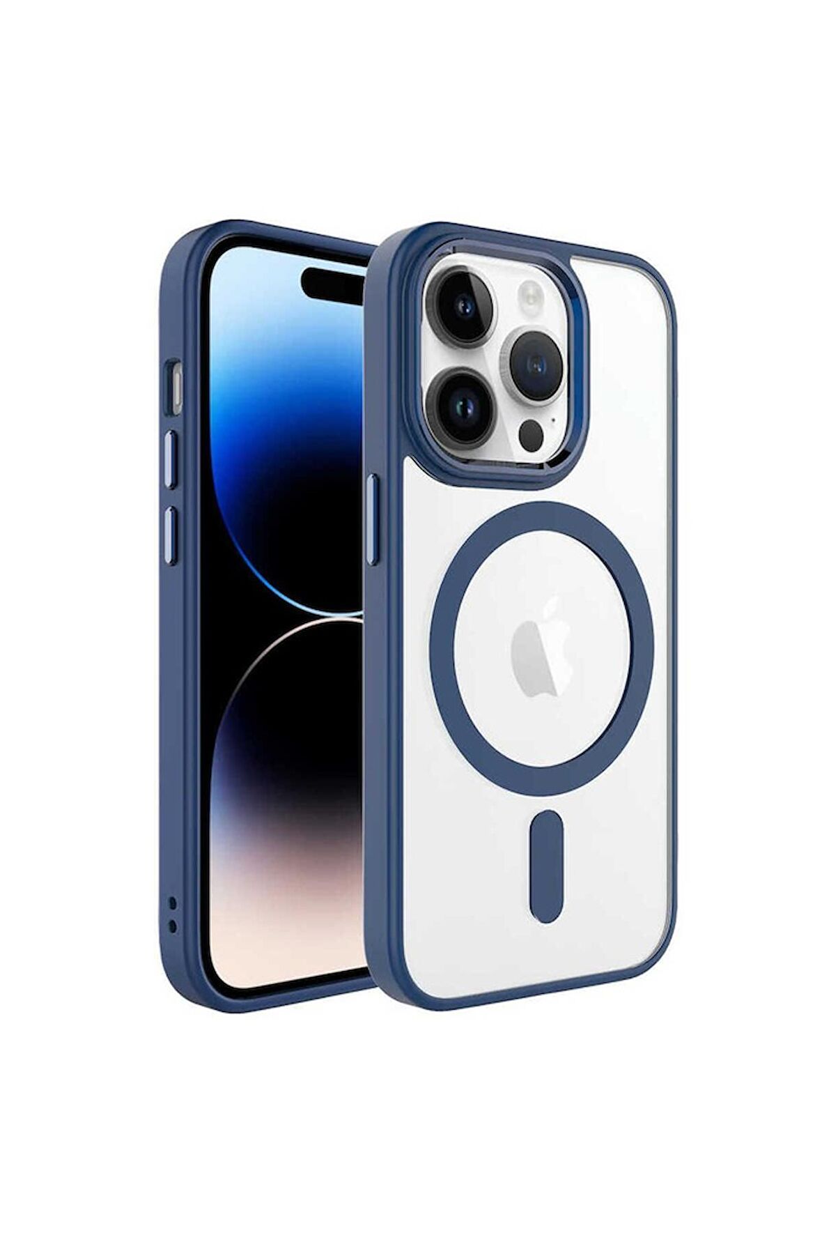 Apple iPhone 14 Pro Max Uyumlu Kılıf Wireless Şarj Özellikli Krom Magsafe Silikon Kapak Lacivert