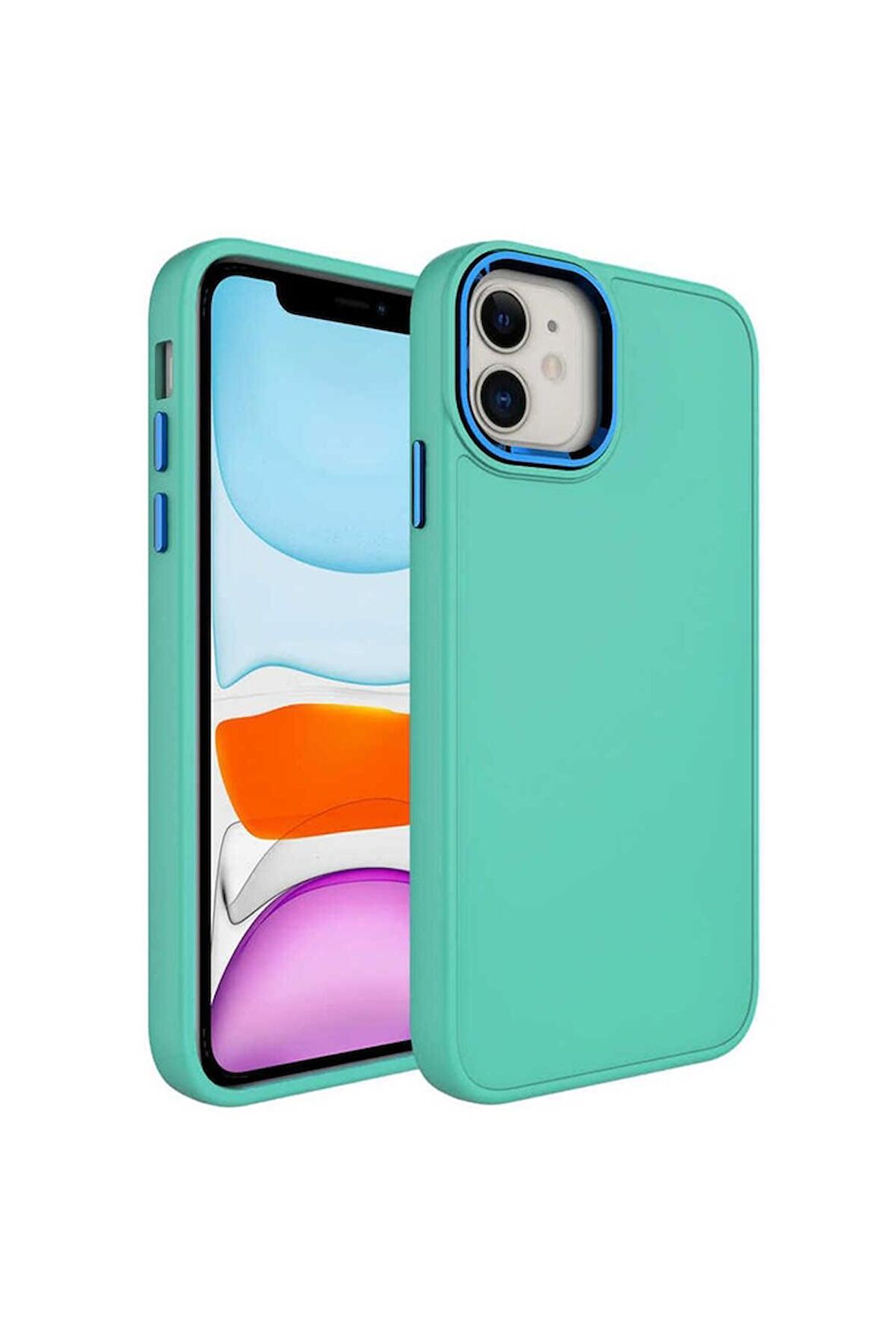 Apple iPhone 11 Uyumlu Kılıf Metal Çerçeve ve Buton Tasarımlı Silikon Luna Kapak Mavi Açık