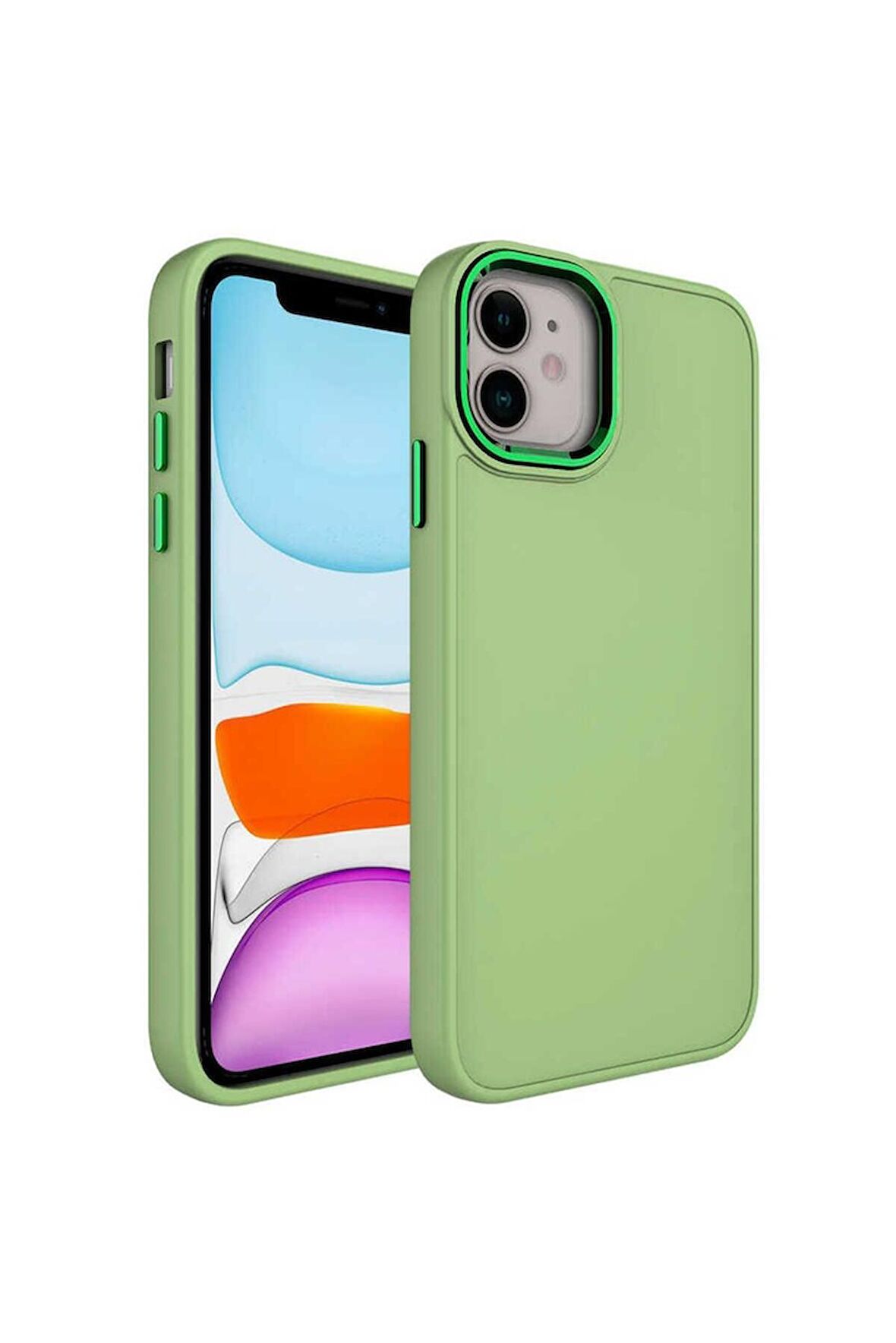 Apple iPhone 11 Uyumlu Kılıf Metal Çerçeve ve Buton Tasarımlı Silikon Luna Kapak Yeşil