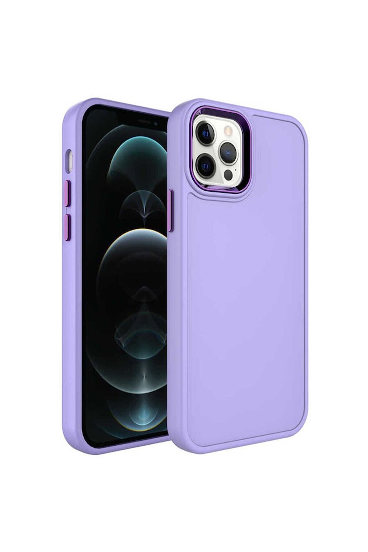 Apple iPhone 13 Pro Max Uyumlu Kılıf Metal Çerçeve ve Buton Tasarımlı Sert Botox Kapak Lila