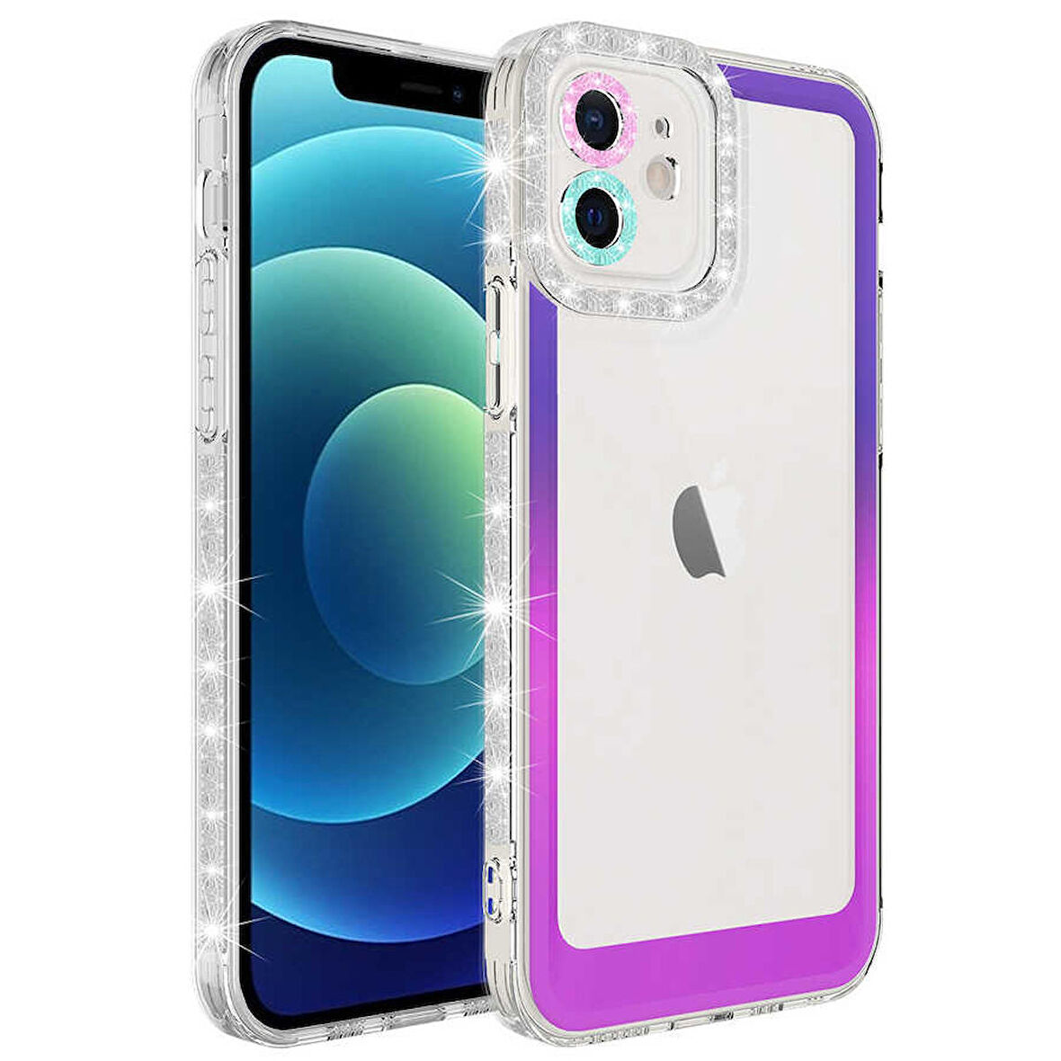 Apple iPhone 11 Uyumlu Kılıf Simli ve Renk Geçiş Tasarımlı Lens Korumalı Park Kapak Mor-Pembe