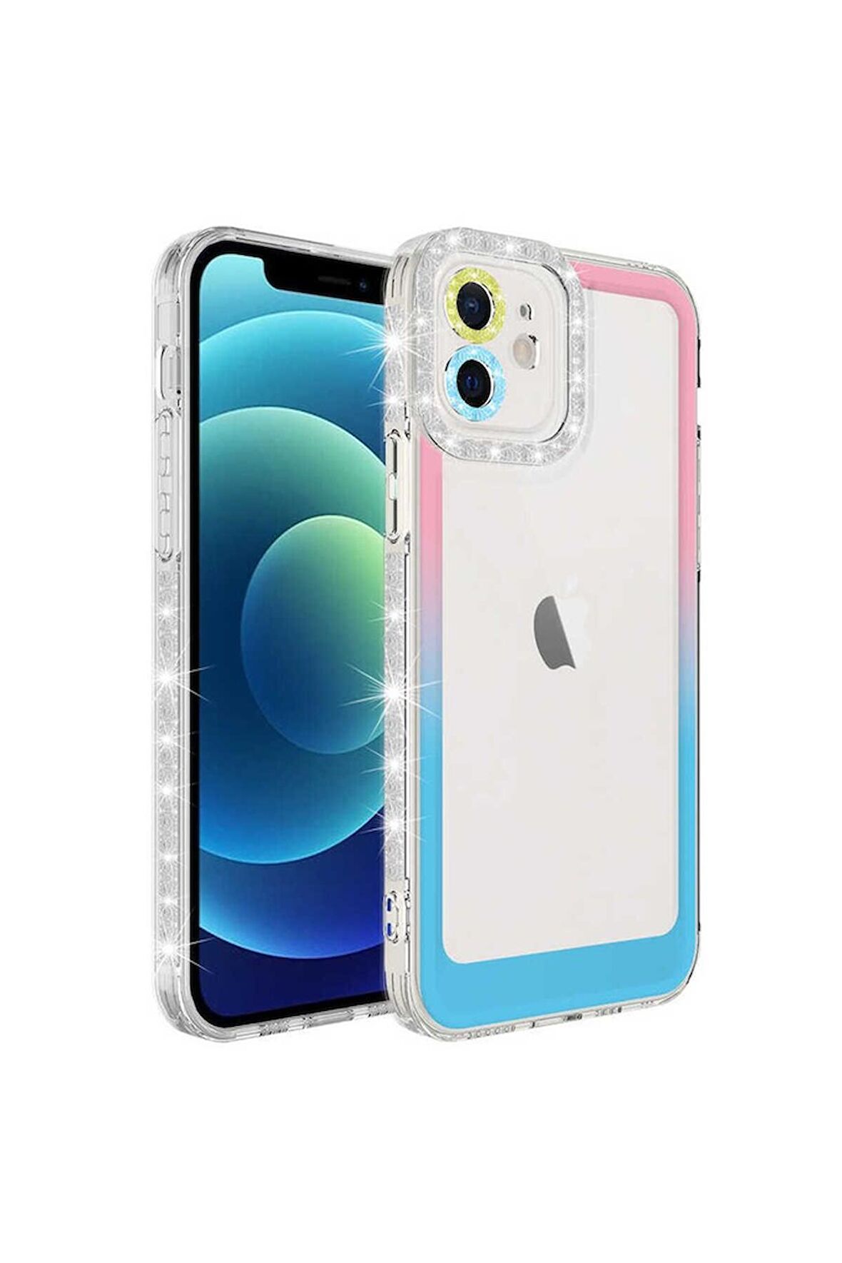 Apple iPhone 11 Uyumlu Kılıf Simli ve Renk Geçiş Tasarımlı Lens Korumalı Park Kapak Pembe-Mavi