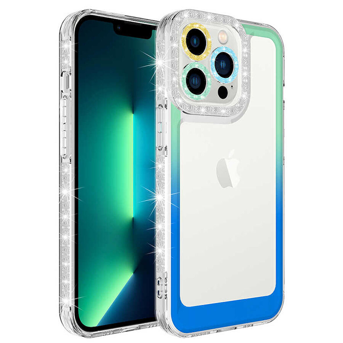 Apple iPhone 12 Pro Max Uyumlu Kılıf Simli ve Renk Geçiş Tasarımlı Lens Korumalı Park Kapak Yeşil-Mavi
