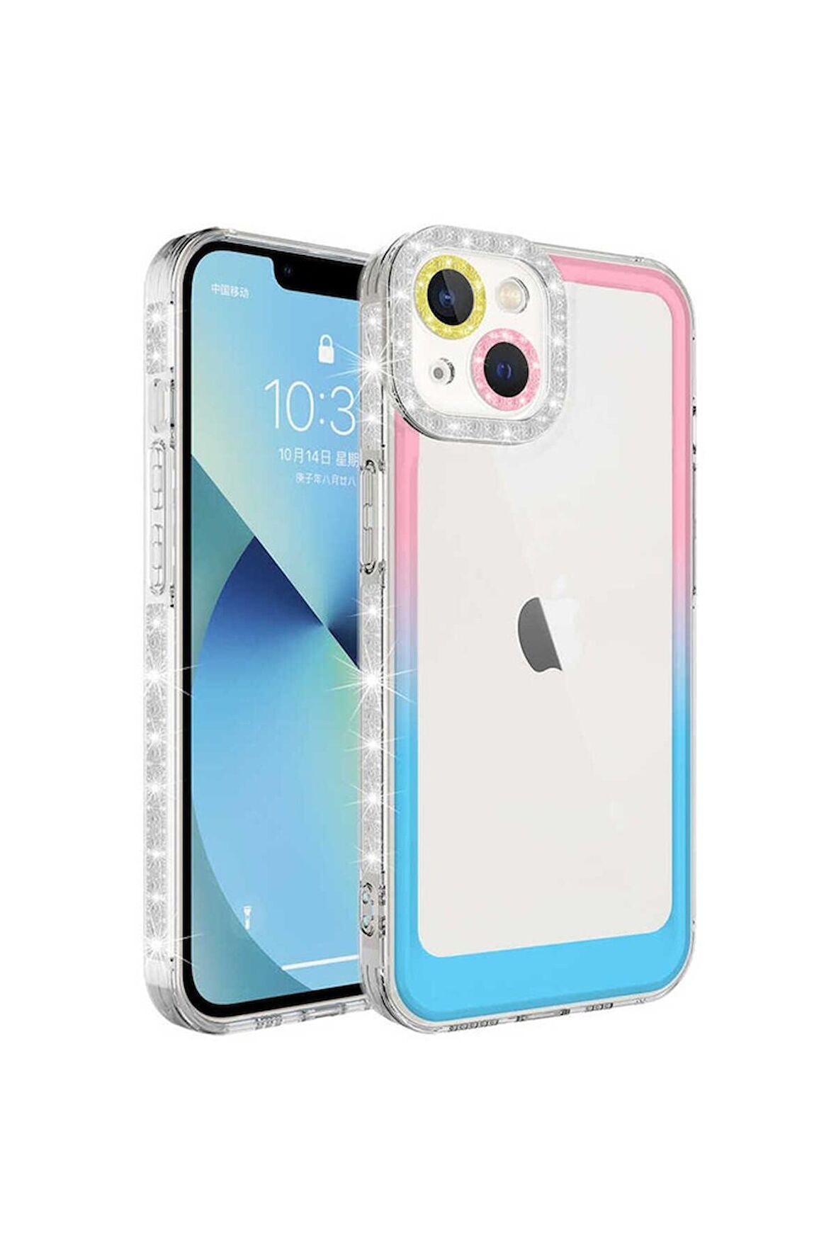 Apple iPhone 14 Uyumlu Kılıf Simli ve Renk Geçiş Tasarımlı Lens Korumalı Park Kapak Pembe-Mavi