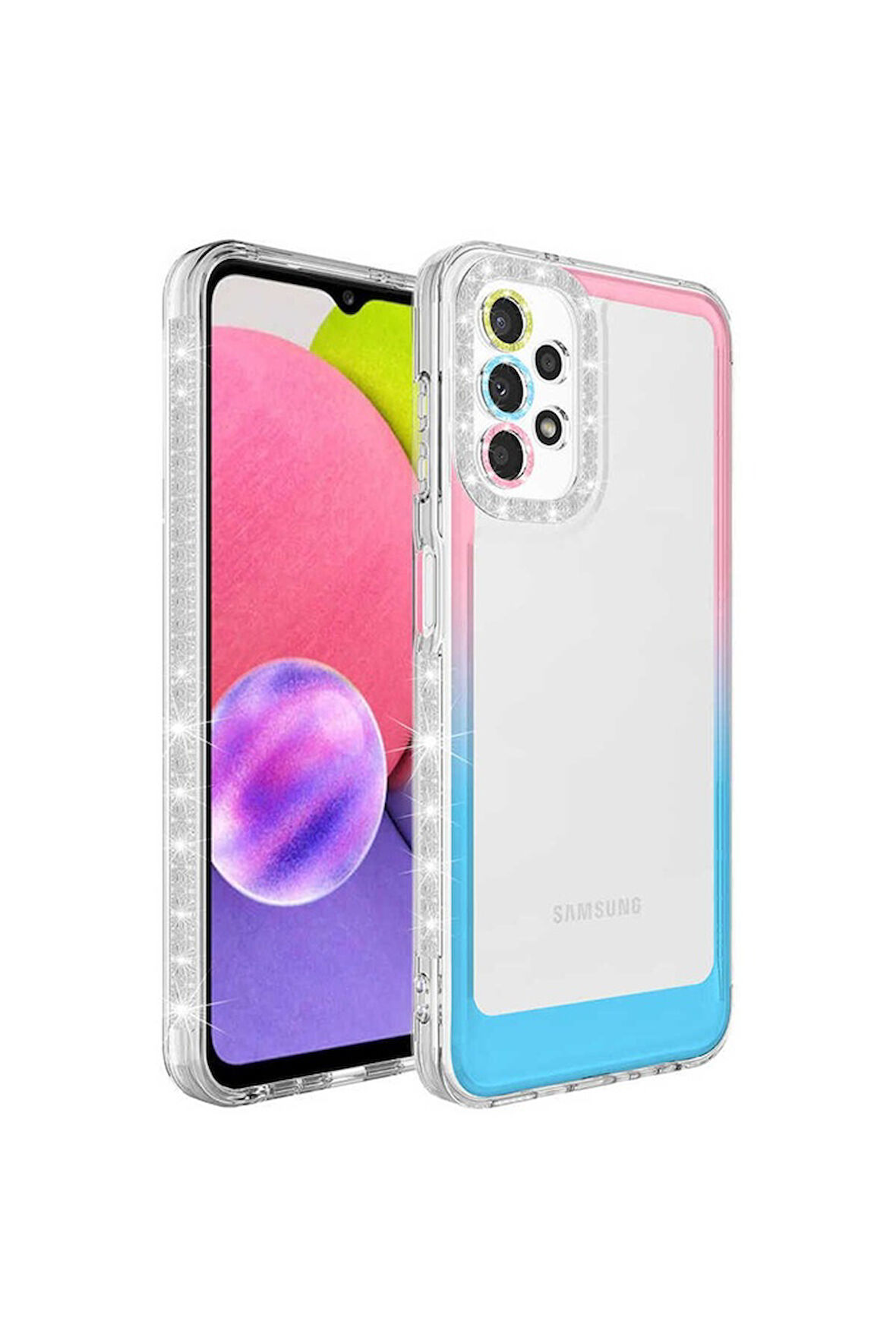 Samsung Galaxy A32 4G Uyumlu Kılıf Simli ve Renk Geçiş Tasarımlı Lens Korumalı Park Kapak Pembe-Mavi
