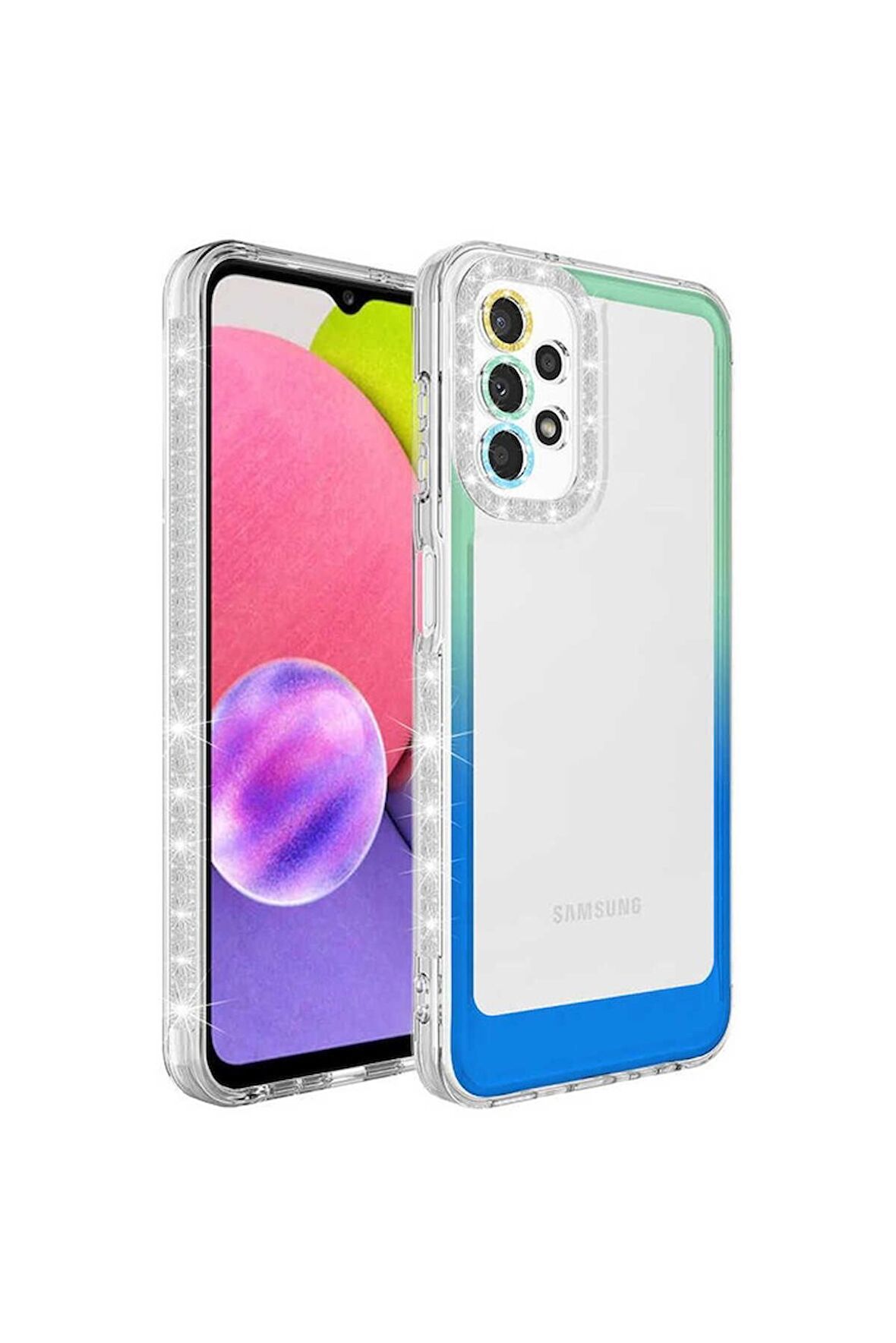 Samsung Galaxy A52 Uyumlu Kılıf Simli ve Renk Geçiş Tasarımlı Lens Korumalı Park Kapak Yeşil-Mavi