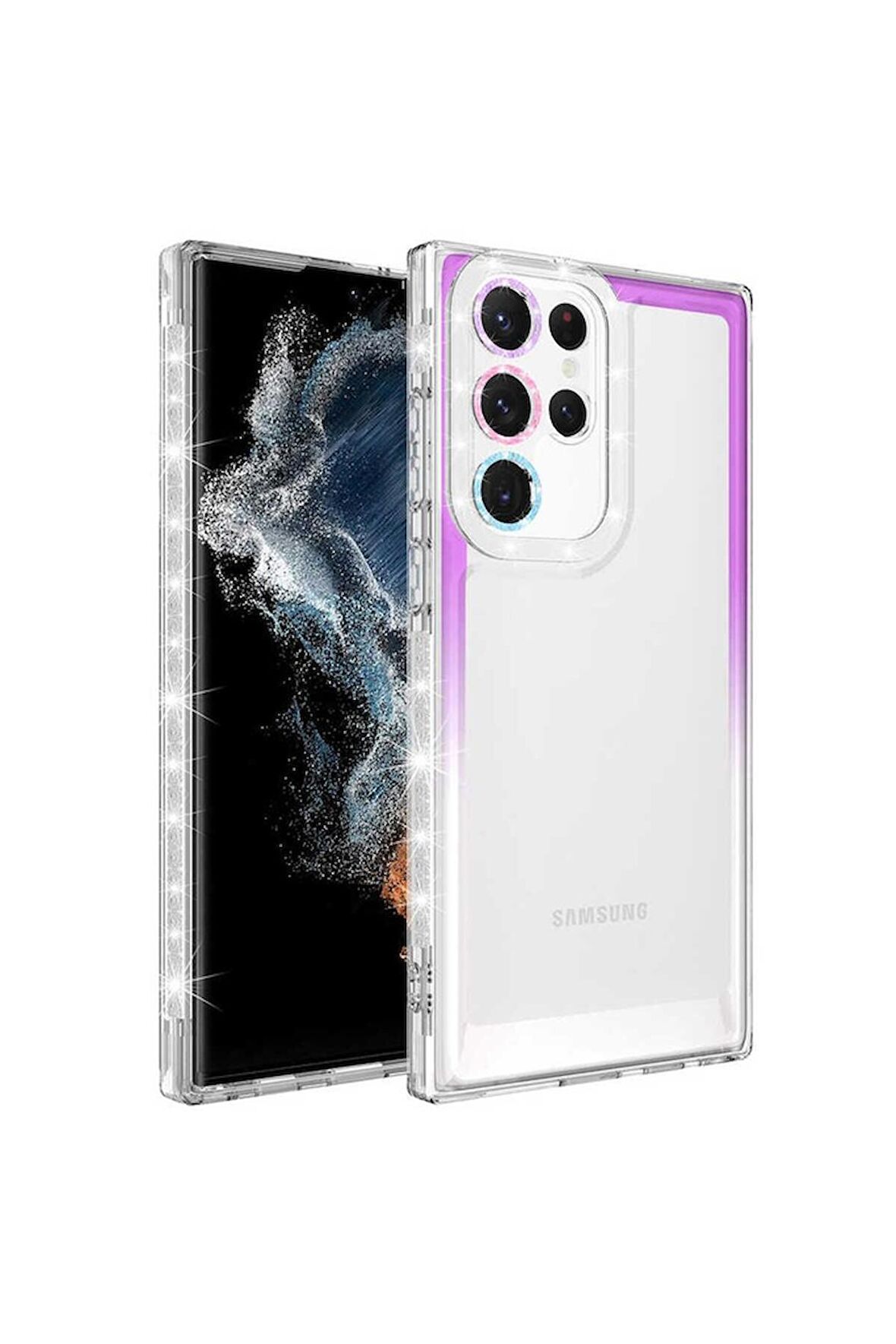 Samsung Galaxy S22 Ultra Uyumlu Kılıf Simli ve Renk Geçiş Tasarımlı Lens Korumalı Park Kapak Mor-Beyaz