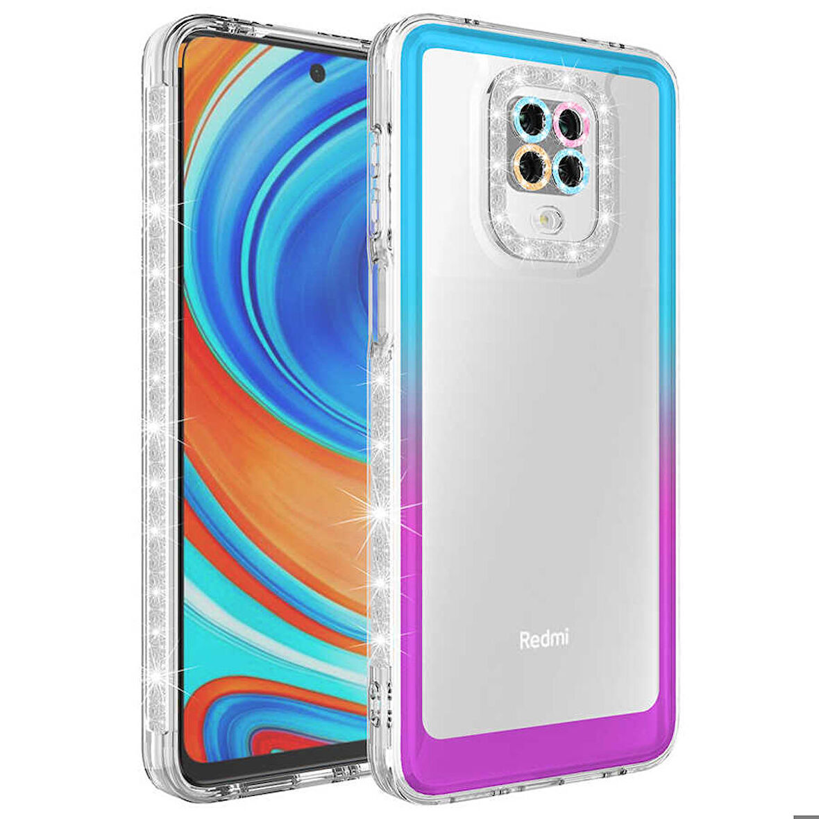 Xiaomi Redmi Note 9S Uyumlu Kılıf Simli ve Renk Geçiş Tasarımlı Lens Korumalı Park Kapak Mavi-Mor