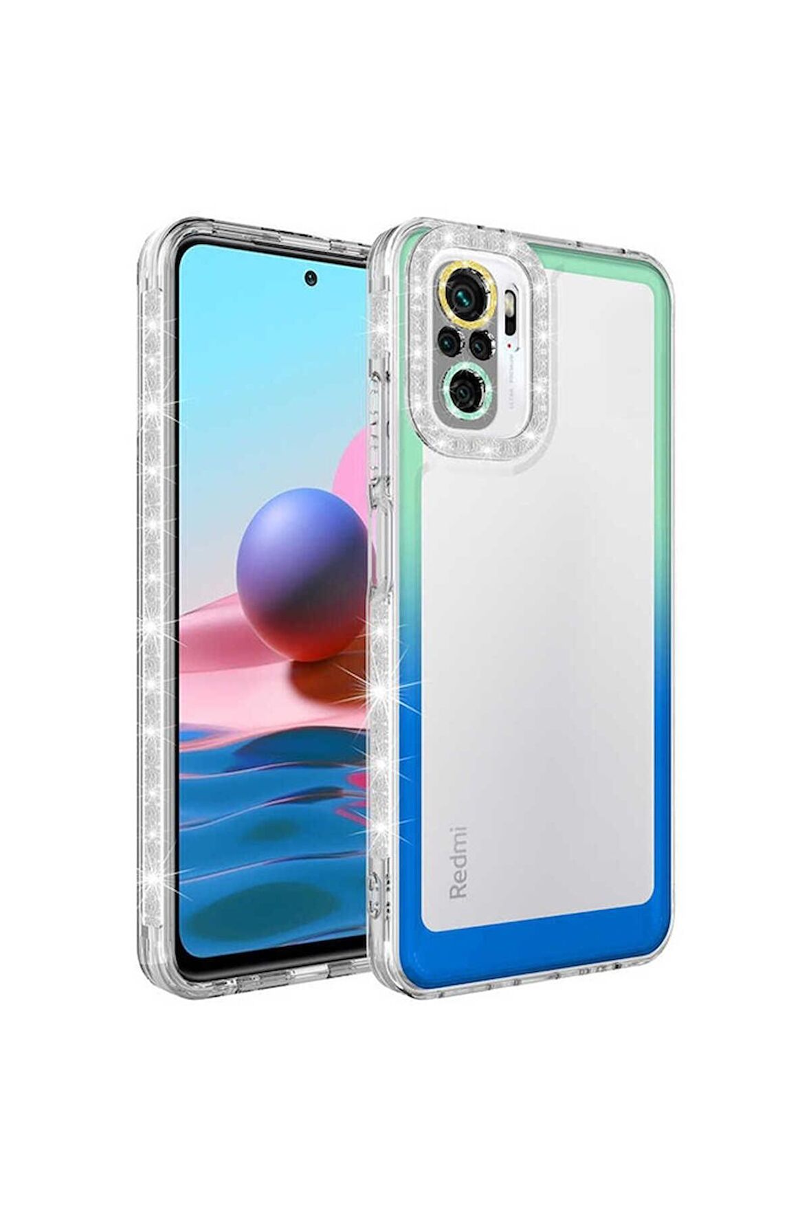 Xiaomi Redmi Note 10S Uyumlu Kılıf Simli ve Renk Geçiş Tasarımlı Lens Korumalı Park Kapak Yeşil-Mavi