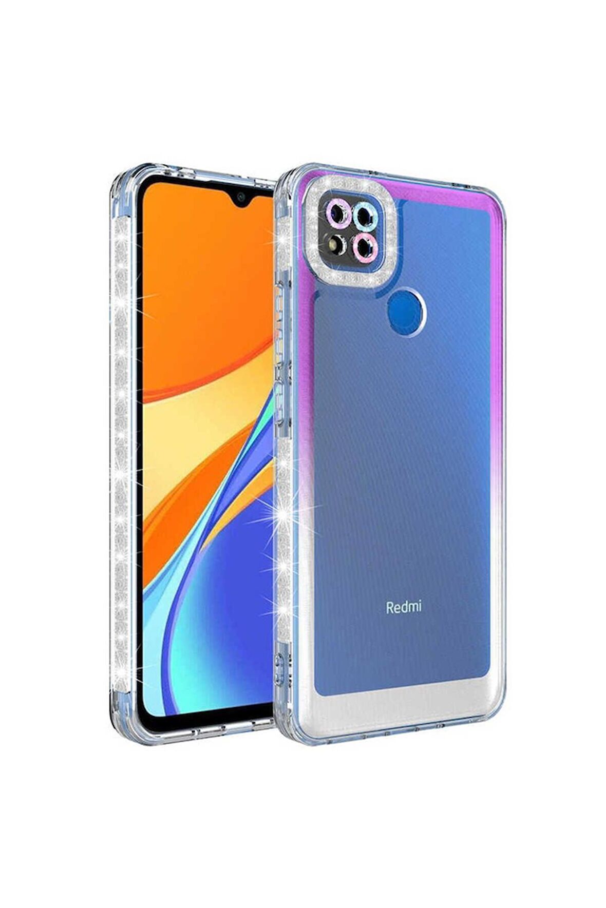 Xiaomi Redmi 9C Uyumlu Kılıf Simli ve Renk Geçiş Tasarımlı Lens Korumalı Park Kapak Mor-Beyaz