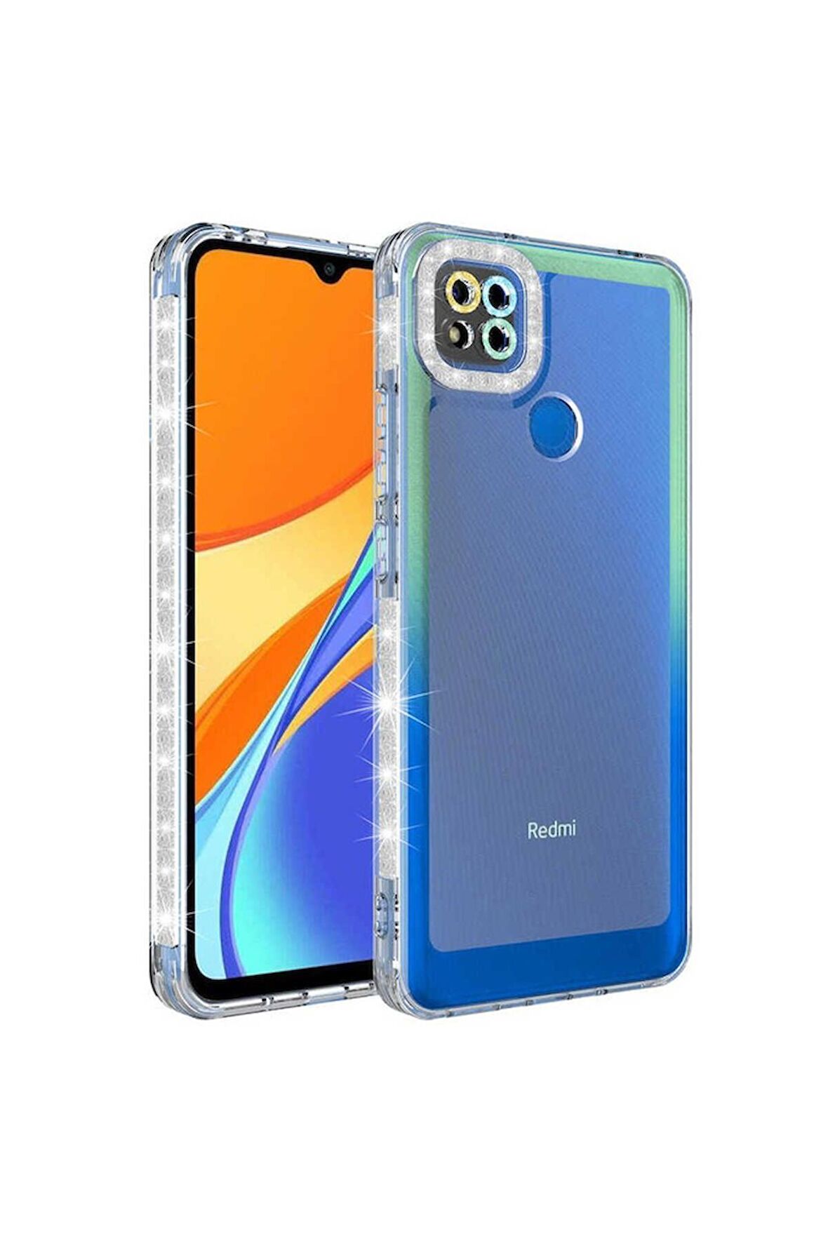 Xiaomi Redmi 9C Uyumlu Kılıf Simli ve Renk Geçiş Tasarımlı Lens Korumalı Park Kapak Yeşil-Mavi