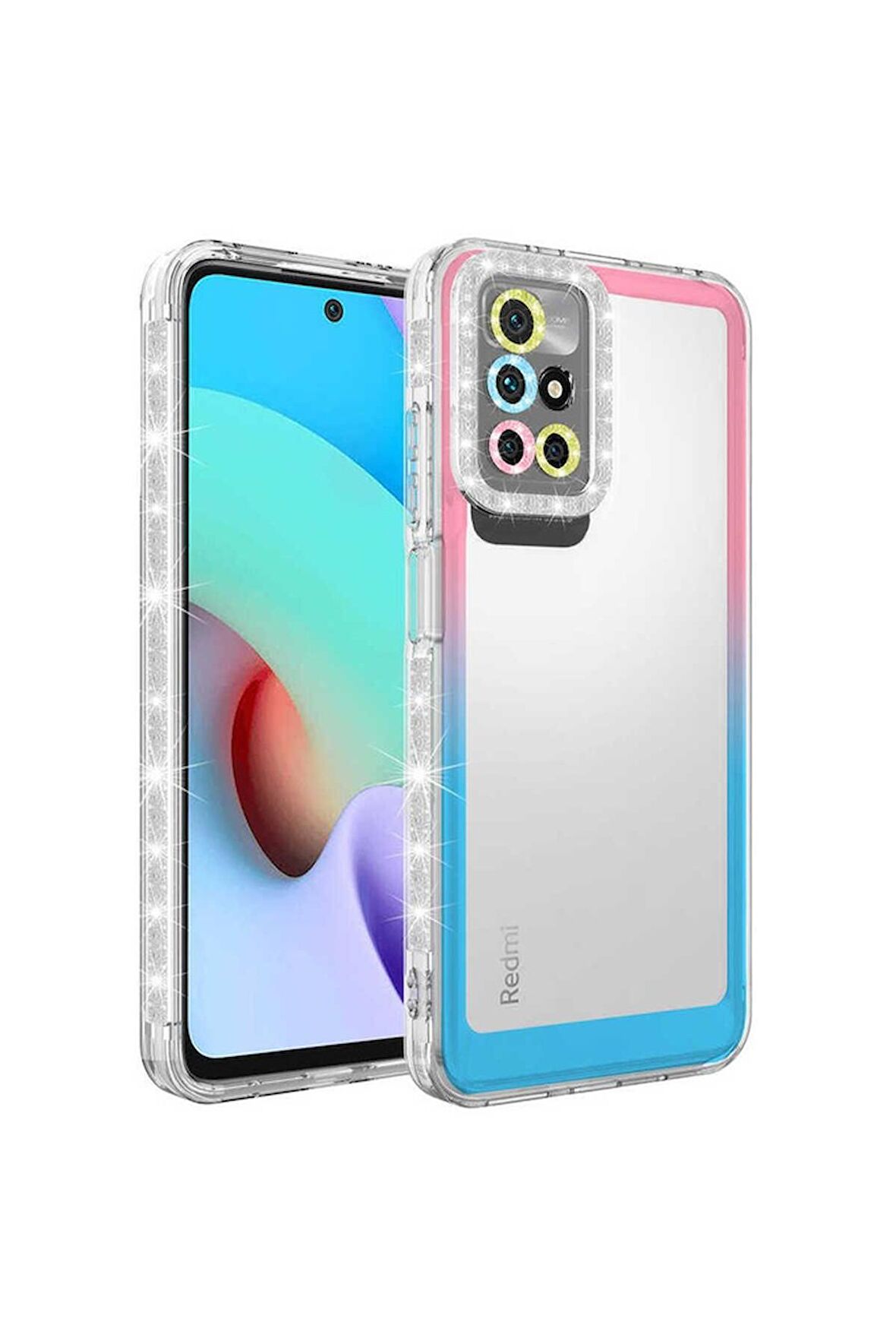 Xiaomi Redmi 10 Uyumlu Kılıf Simli ve Renk Geçiş Tasarımlı Lens Korumalı Park Kapak Pembe-Mavi