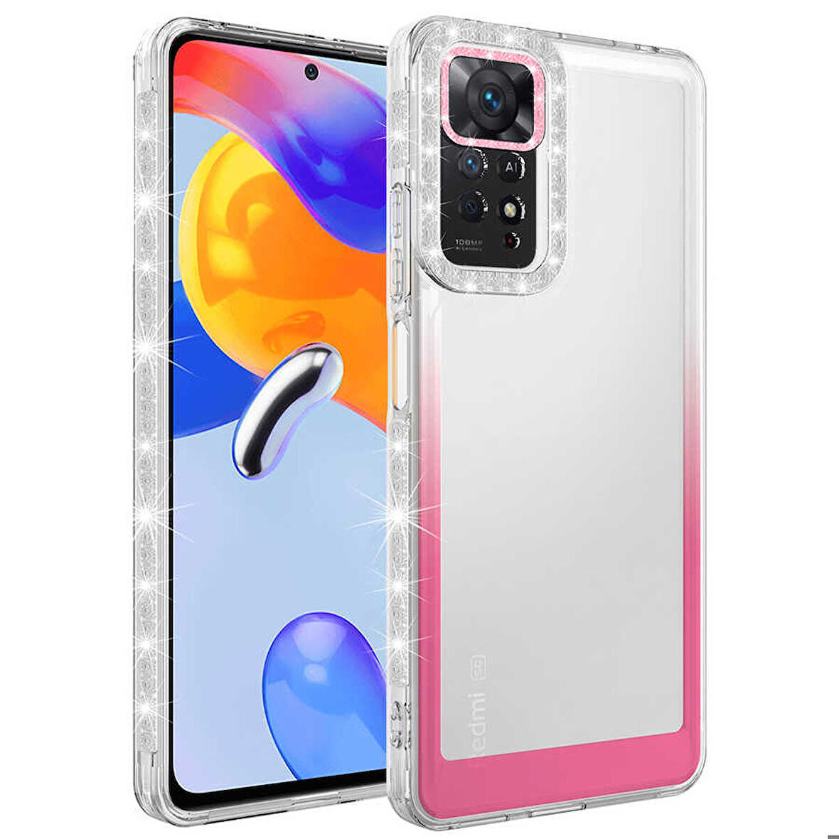 Xiaomi Redmi Note 11 Global Uyumlu Kılıf Simli ve Renk Geçiş Tasarımlı Lens Korumalı Park Kapak Beyaz-Pembe