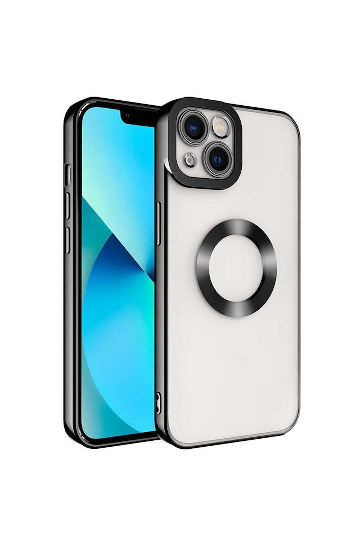 Apple iPhone 14 Uyumlu Kılıf Kamera Korumalı Logo Gösteren Omega Kapak Siyah