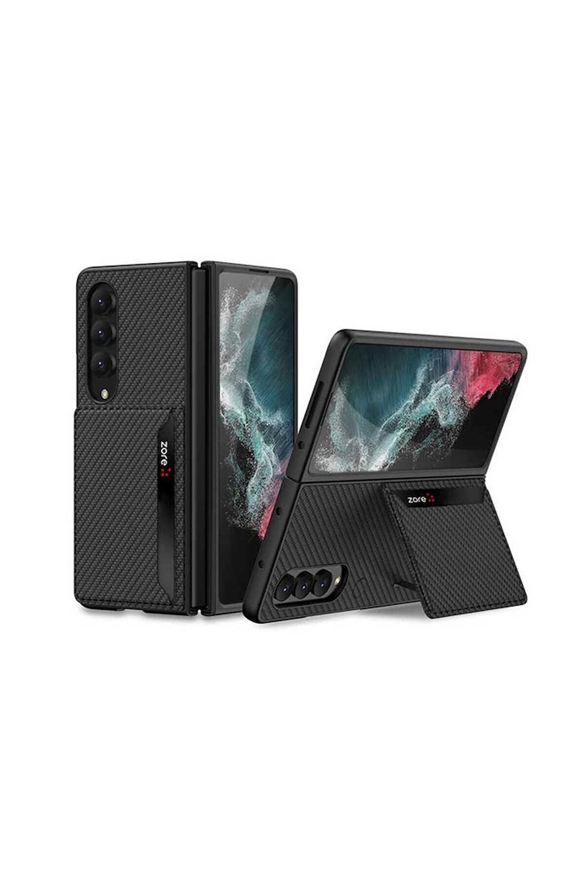 Samsung Galaxy Z Fold 4 Uyumlu Kılıf Karbonfiber Arka Yüzey Kartlıklı Kıpta Silikon Kapak