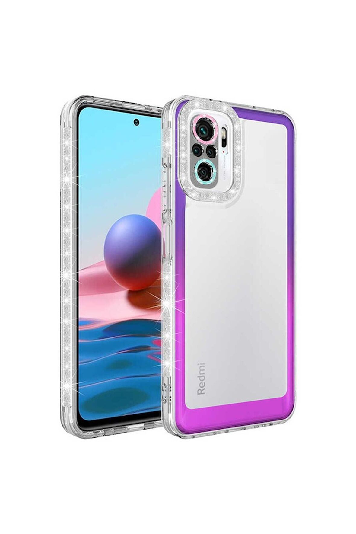 Xiaomi Poco M5S Uyumlu Kılıf Simli ve Renk Geçiş Tasarımlı Lens Korumalı Park Kapak Mor-Pembe