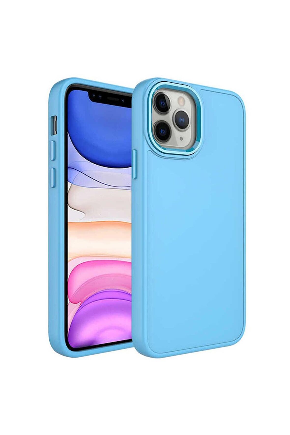 Apple iPhone 12 Pro Uyumlu Kılıf Metal Çerçeve ve Buton Tasarımlı Silikon Luna Kapak Sierra Mavi