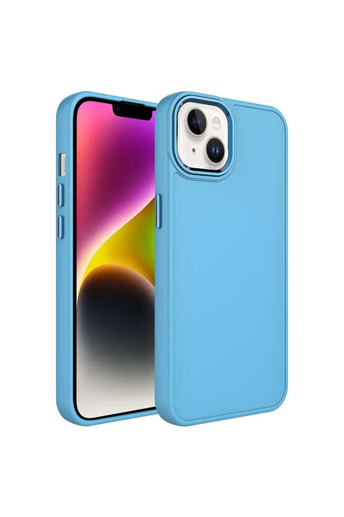 Apple iPhone 13 Uyumlu Kılıf Metal Çerçeve ve Buton Tasarımlı Silikon Luna Kapak Sierra Mavi