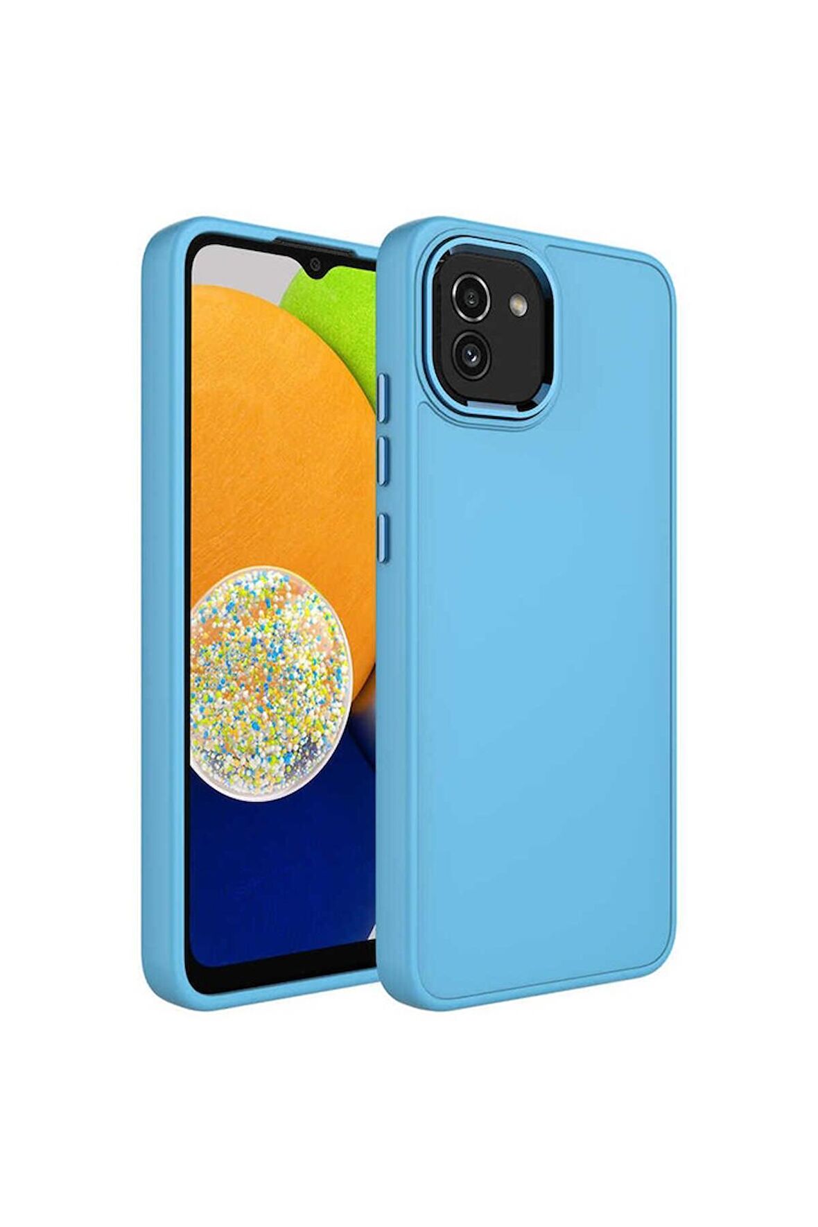 Samsung Galaxy A03 Uyumlu Kılıf Metal Çerçeve ve Buton Tasarımlı Silikon Luna Kapak Sierra Mavi