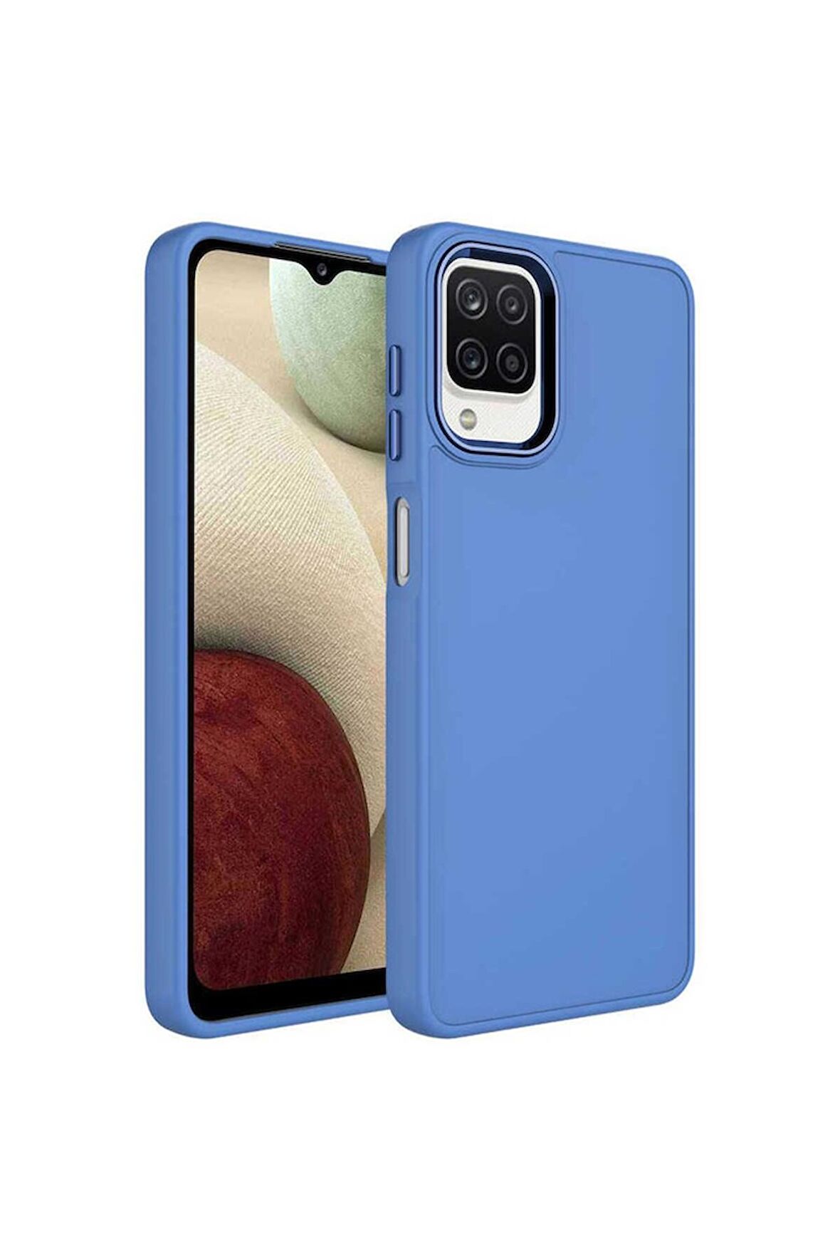 Samsung Galaxy A22 4G Uyumlu Kılıf Metal Çerçeve ve Buton Tasarımlı Silikon Luna Kapak Lavendery Gray