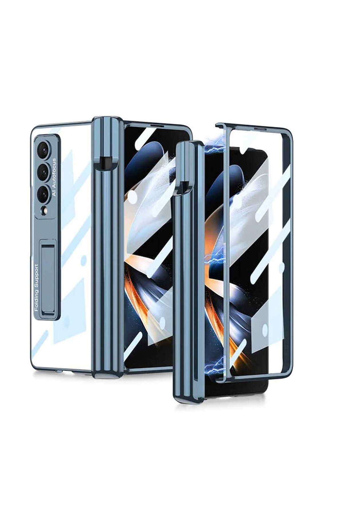 Samsung Galaxy Z Fold 4 Uyumlu Kılıf Kıpta Standlı Kalem Bölmeli Kapak Mavi
