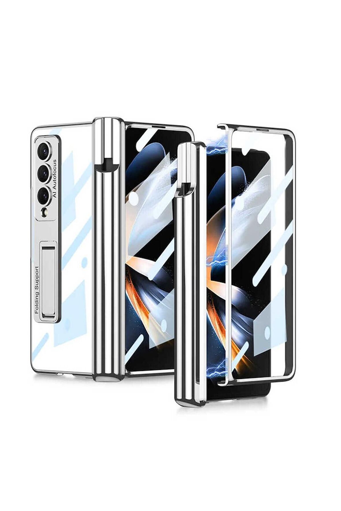 Samsung Galaxy Z Fold 4 Uyumlu Kılıf Kıpta Standlı Kalem Bölmeli Kapak Gümüş