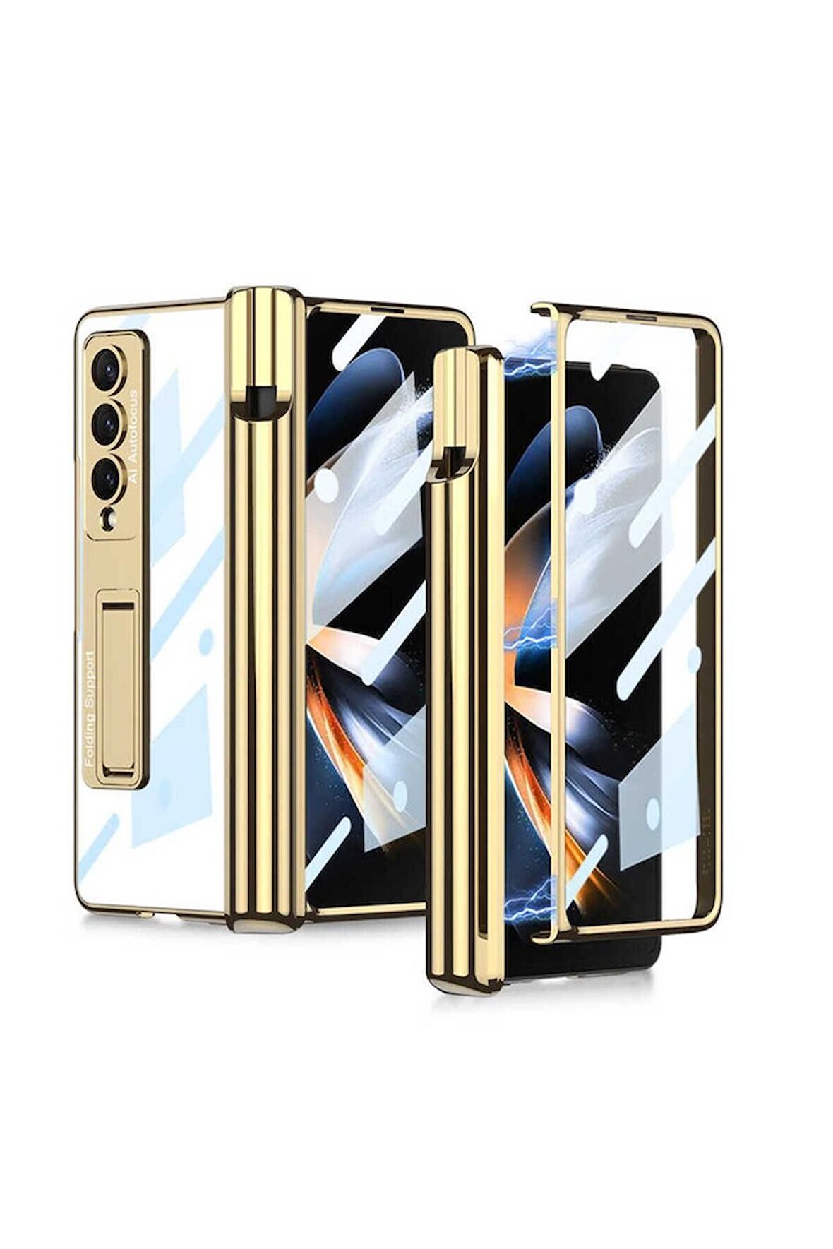 Samsung Galaxy Z Fold 4 Uyumlu Kılıf Kıpta Standlı Kalem Bölmeli Kapak Gold