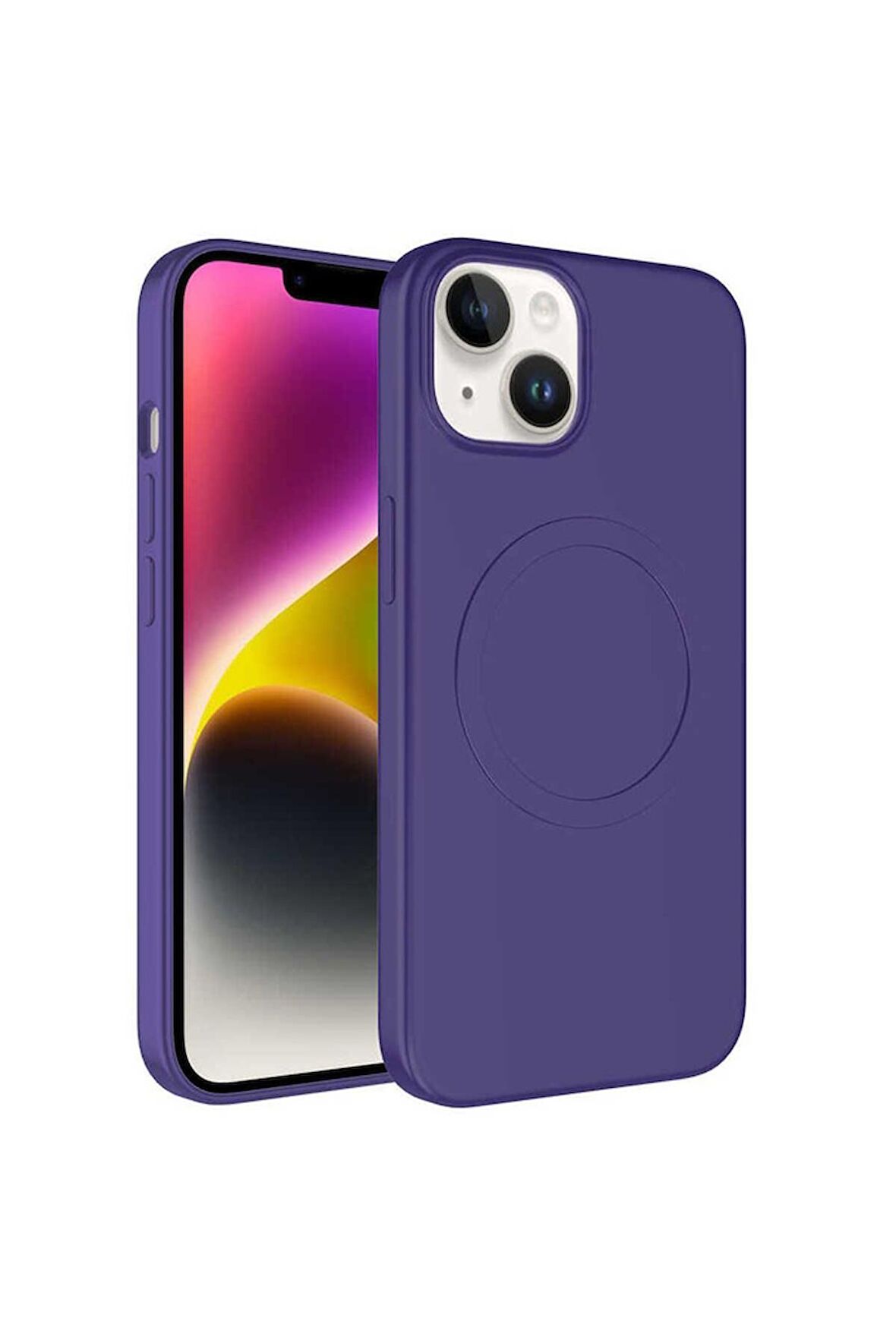 Apple iPhone 14 Plus Uyumlu Kılıf Magsafe Wireless Şarj Özellikli Pastel Renk Silikon Plas Kapak Mürdüm