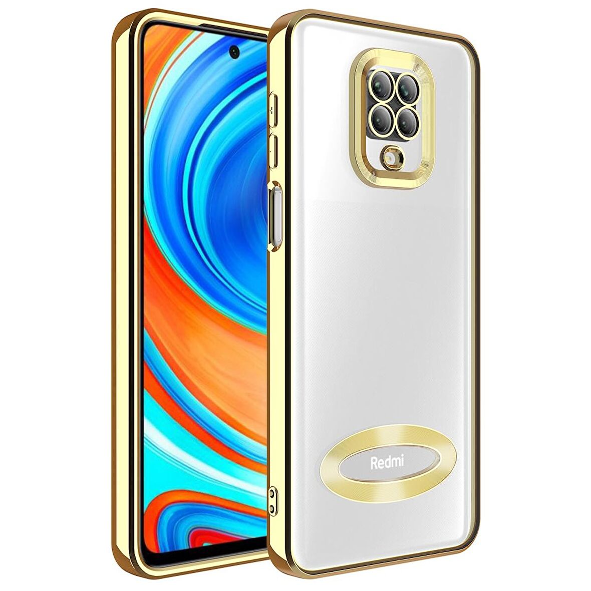 Xiaomi Redmi Note 9 Pro Uyumlu Kılıf Kamera Korumalı Logo Gösteren Omega Kapak Gold
