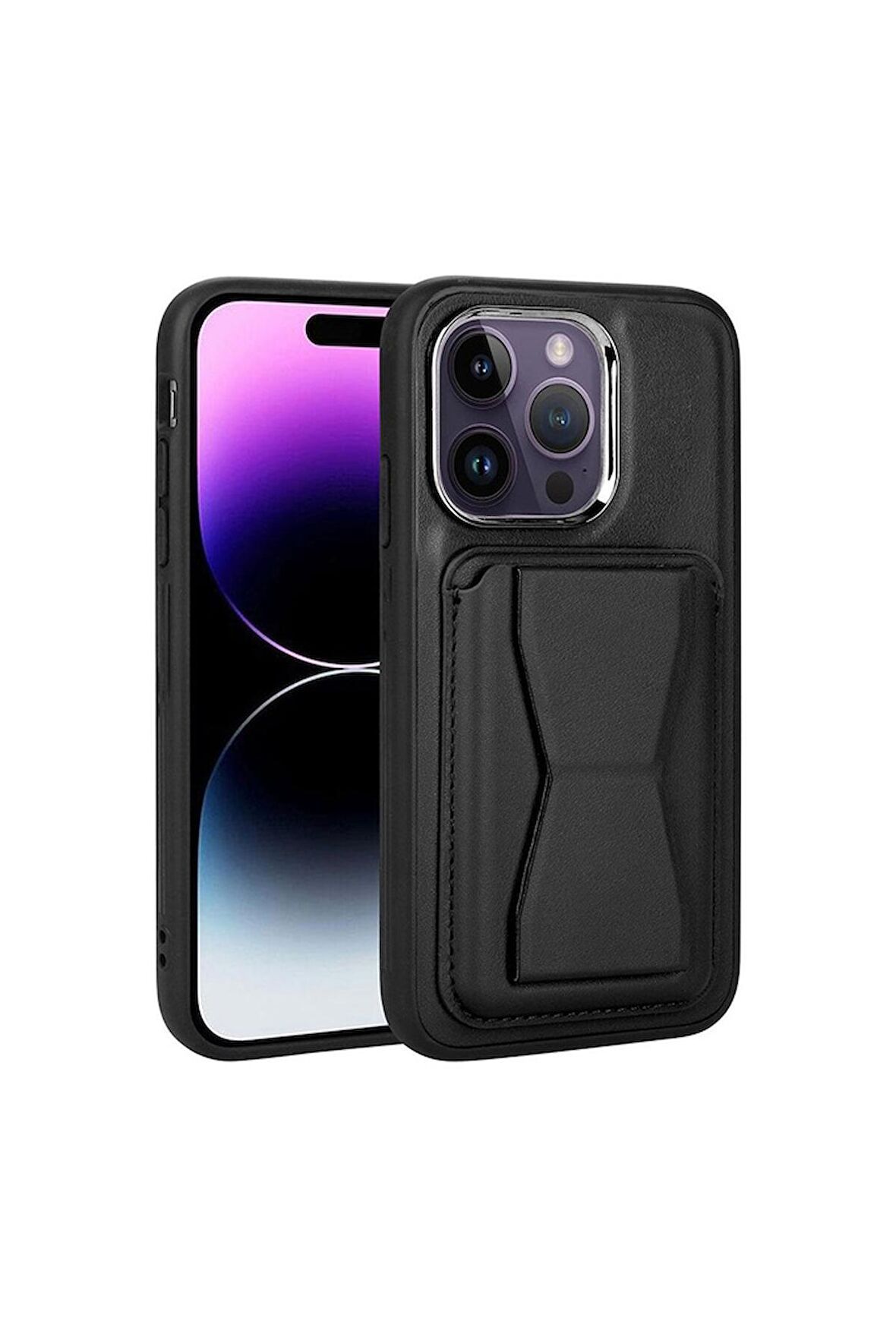 Apple iPhone 14 Pro Max Uyumlu Kılıf Kartlıklı Standlı Pu Deri Memo Kapak Siyah