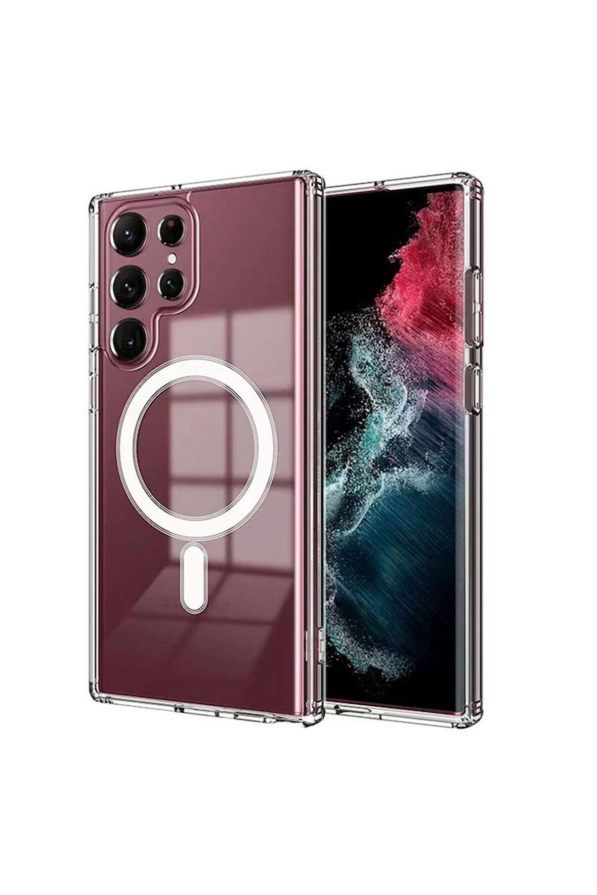 Samsung Galaxy S22 Ultra Uyumlu Kılıf Magsafe Şarj Özellikli Şeffaf Sert PC Embos Kapak