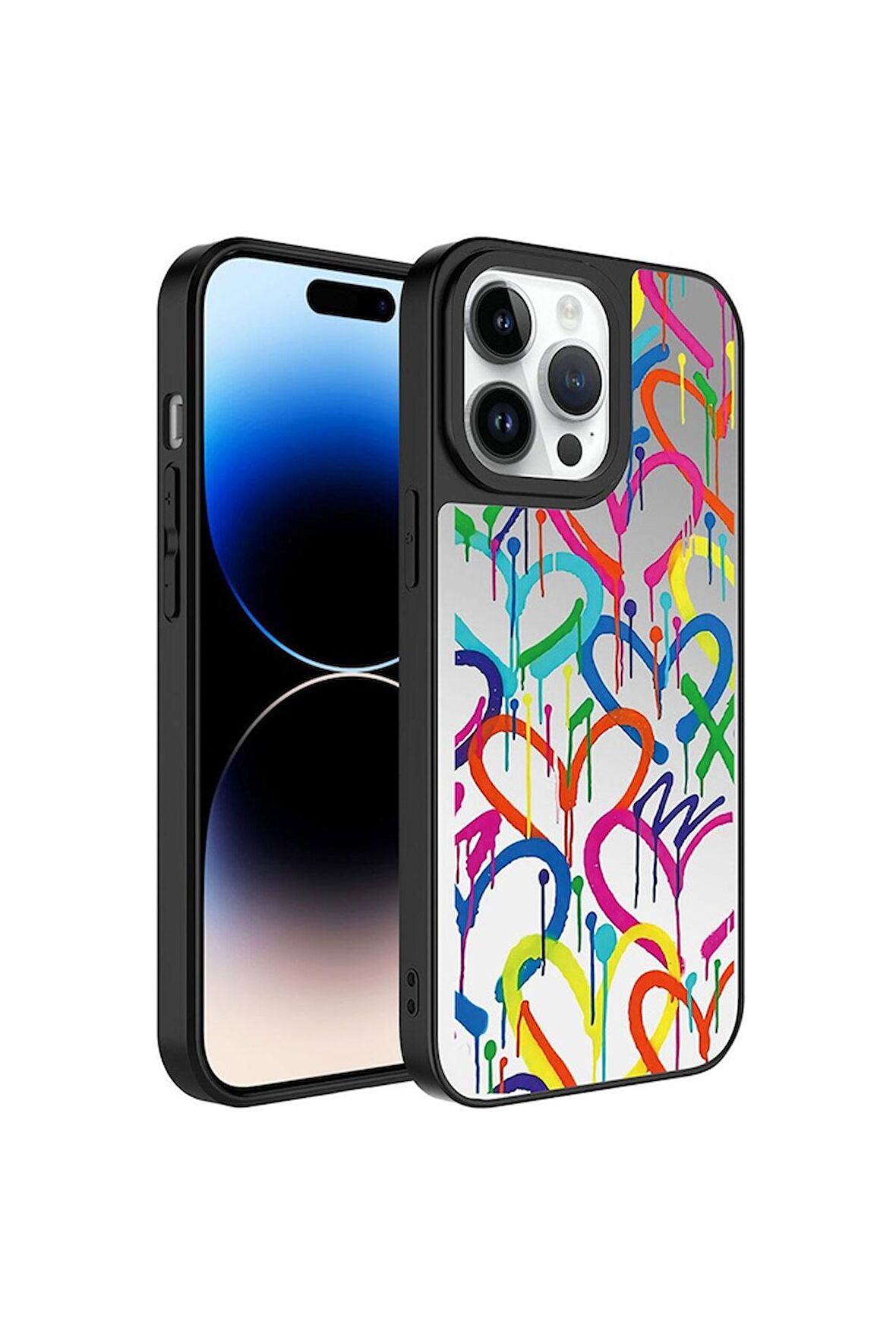 Apple iPhone 14 Pro Uyumlu Kılıf Aynalı Desenli Kamera Korumalı Parlak Mirror Kapak Kalp