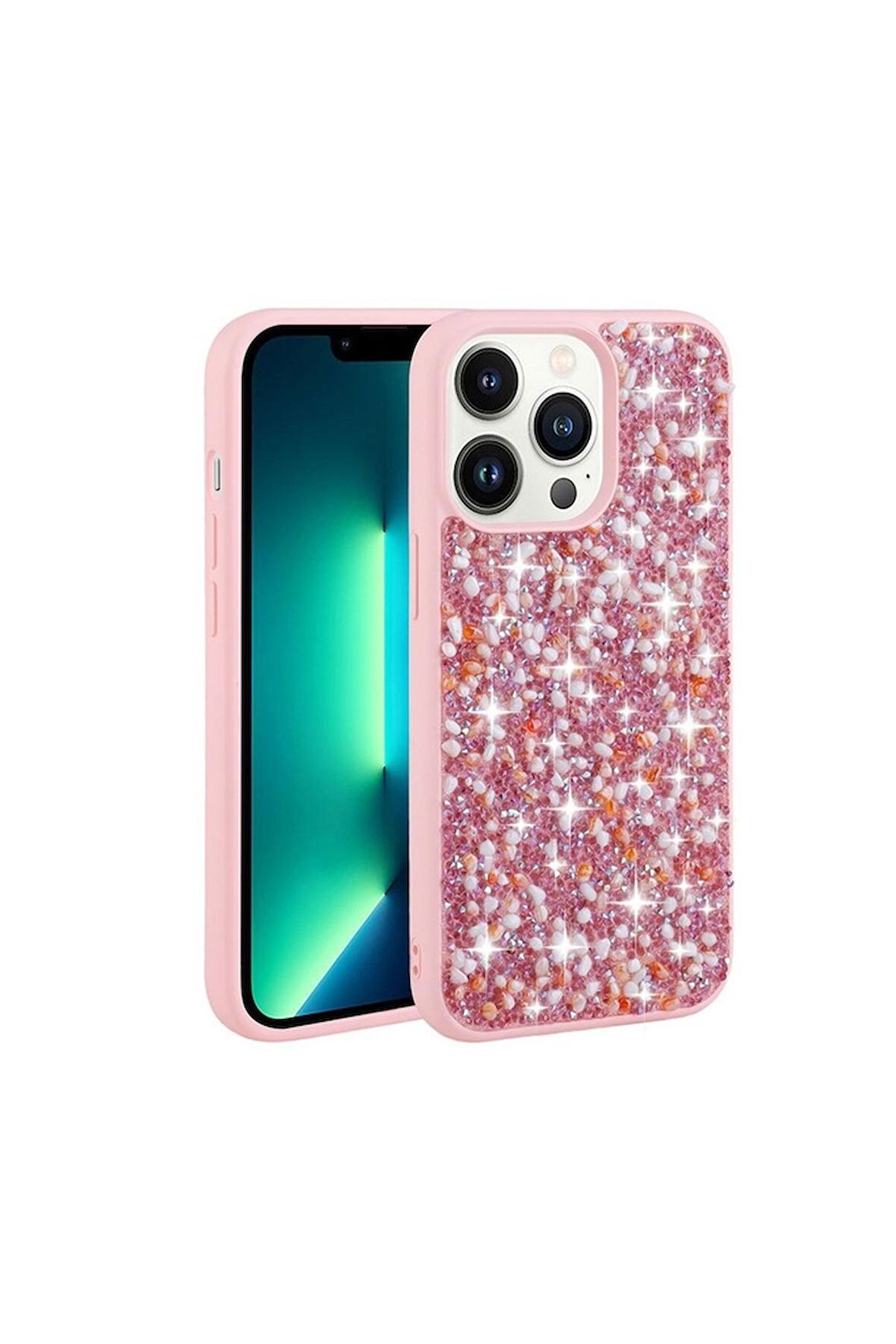 Apple iPhone 12 Pro Uyumlu Kılıf Parlak Taşlı Tasarım Linea Kapak Pembe
