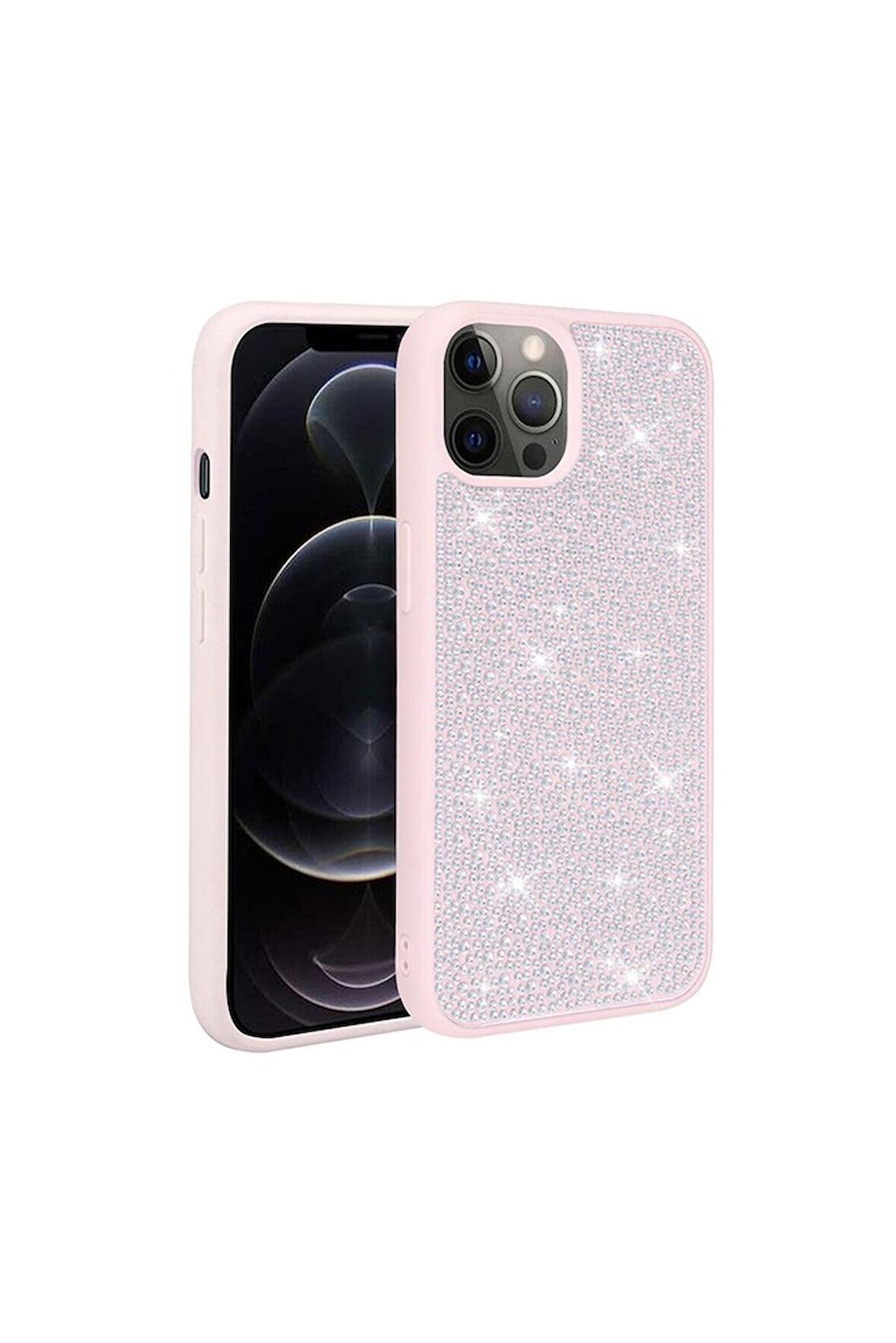 Apple iPhone 12 Pro Uyumlu Kılıf Parlak Taşlı Tasarım Ston Kapak Pembe