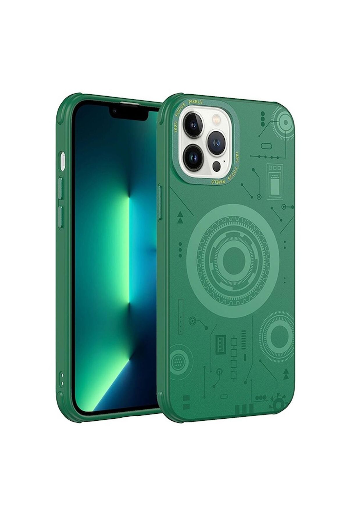 Apple iPhone 13 Pro Uyumlu Kılıf Wireless Şarj Özellikli Desenli Hot Kapak Koyu Yeşil