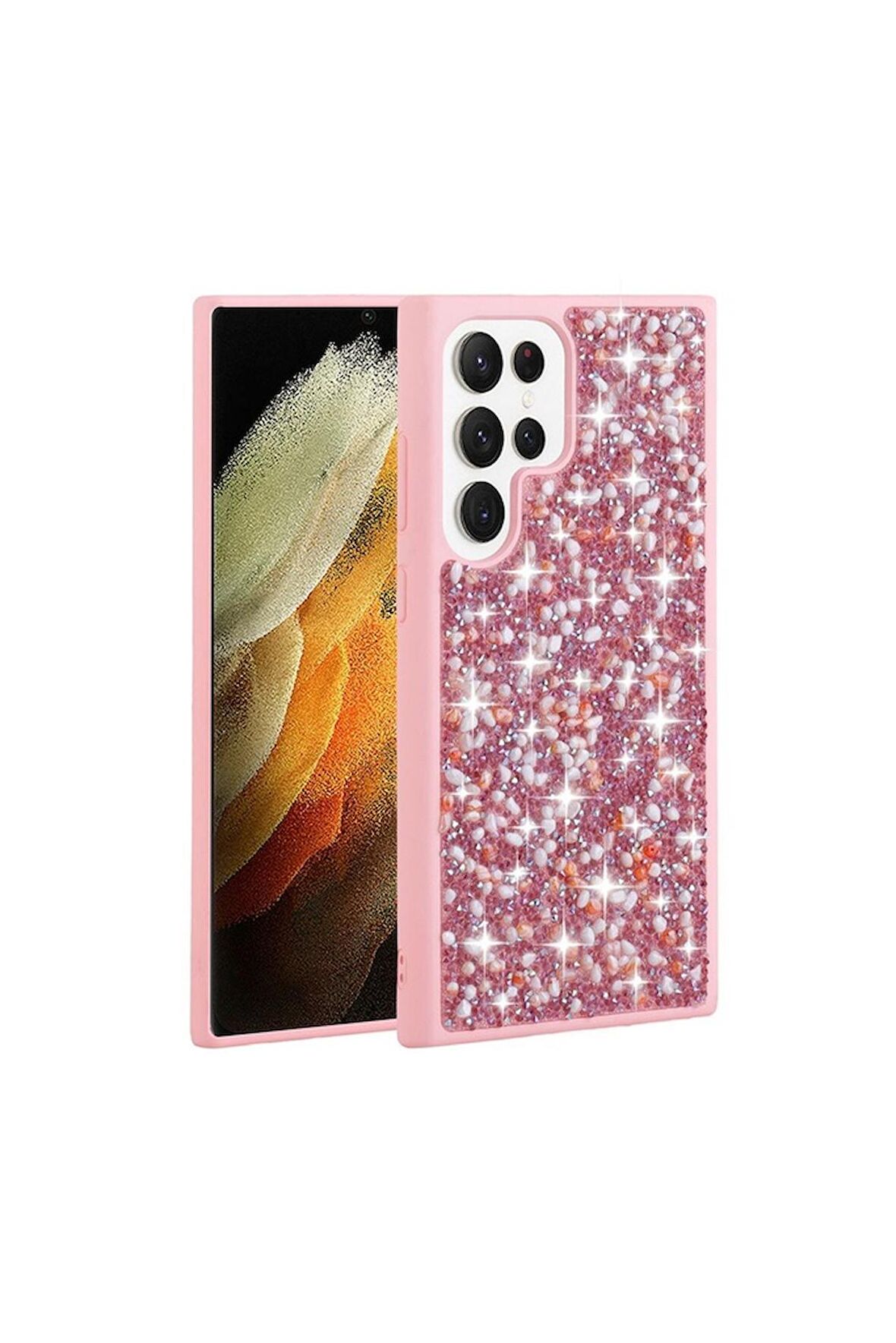 Samsung Galaxy S23 Ultra Uyumlu Kılıf Parlak Taşlı Tasarım Linea Kapak Pembe