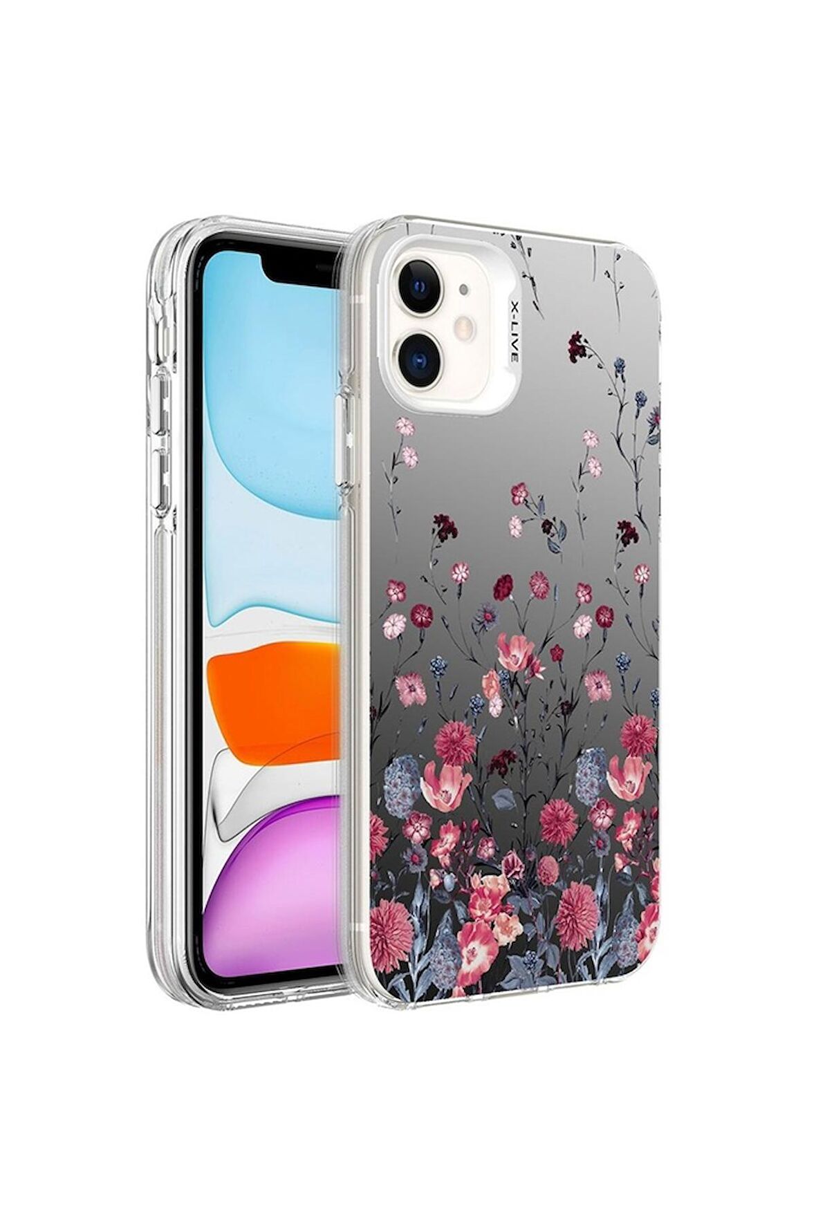 Apple iPhone 11 Uyumlu Kılıf Desenli Silver Sert Kapak Çiçek
