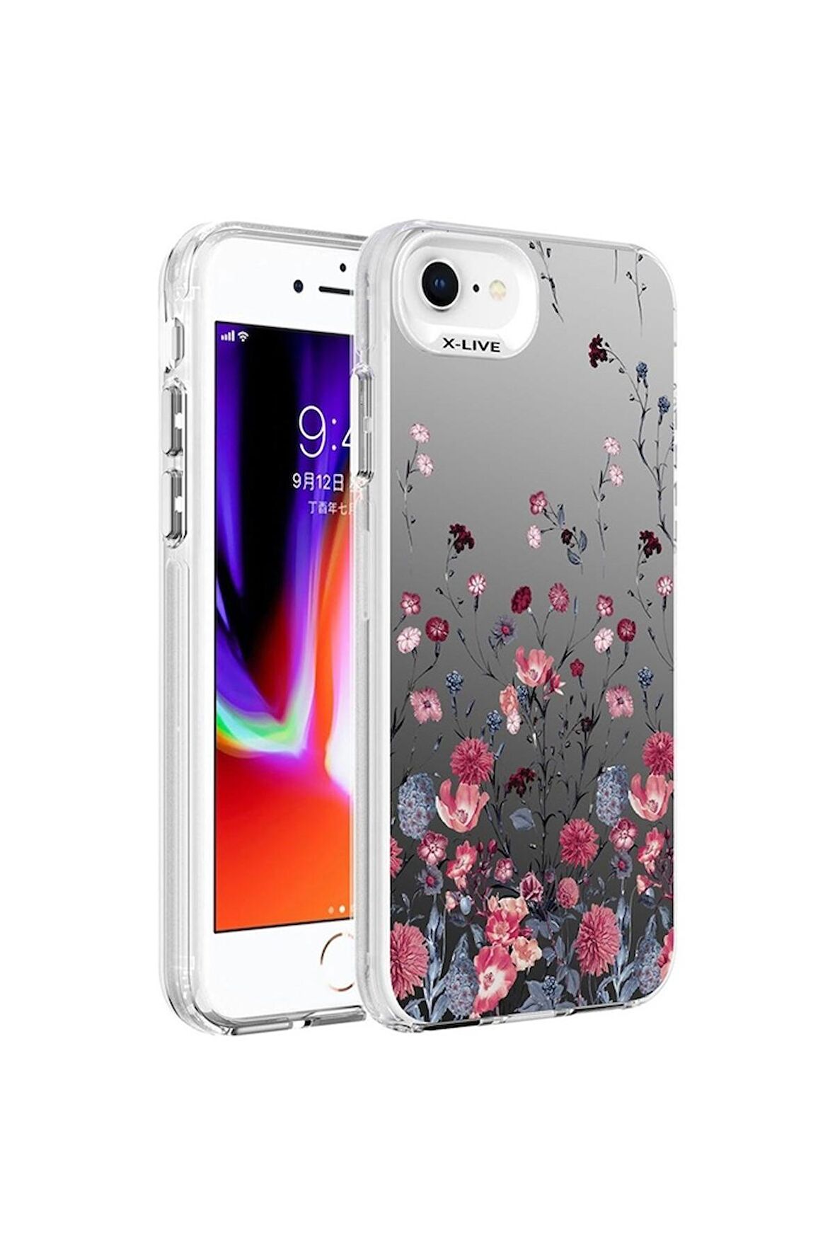 Apple iPhone 8 Uyumlu Kılıf Desenli Silver Sert Kapak Çiçek