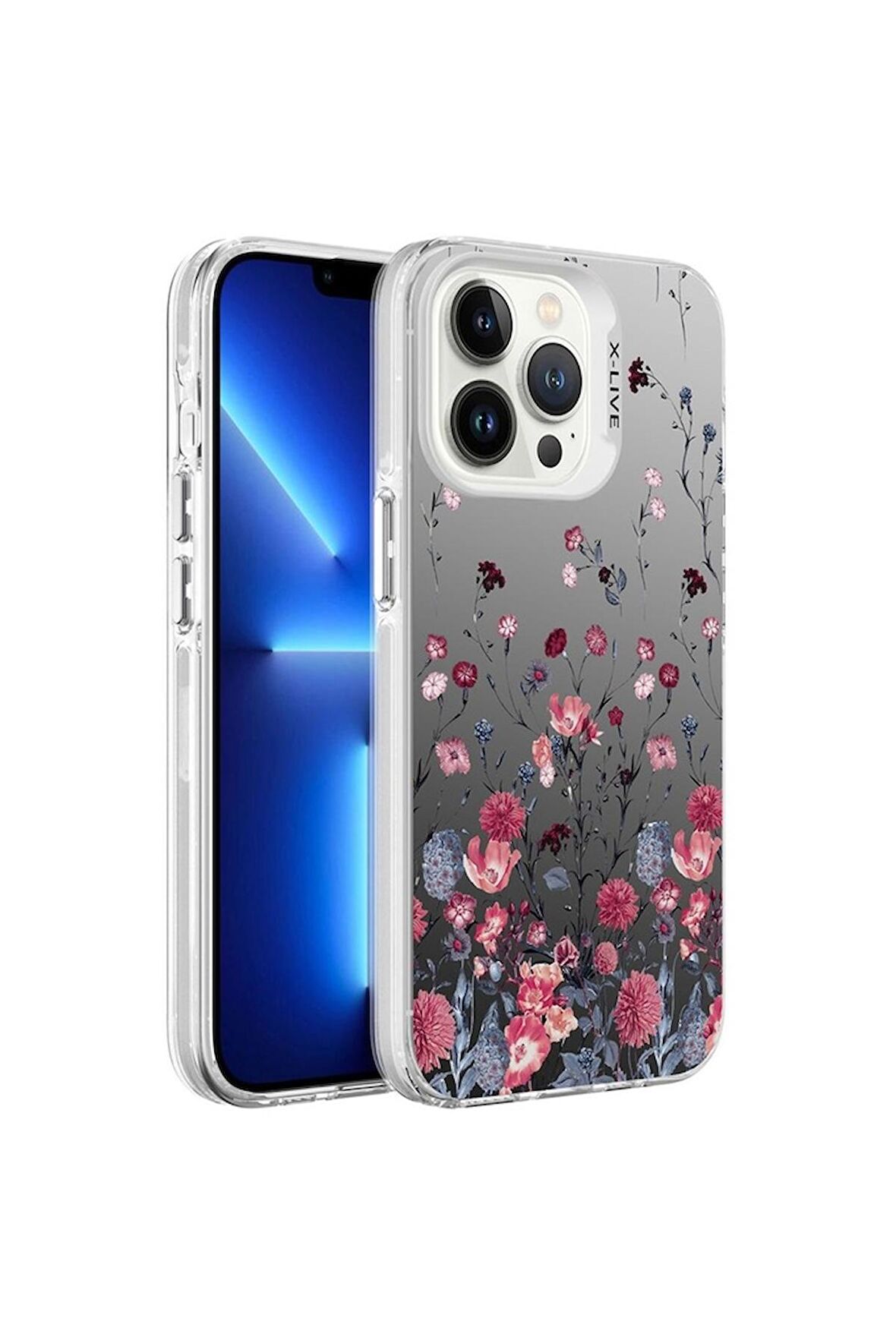 Apple iPhone 13 Pro Max Uyumlu Kılıf Desenli Silver Sert Kapak Çiçek