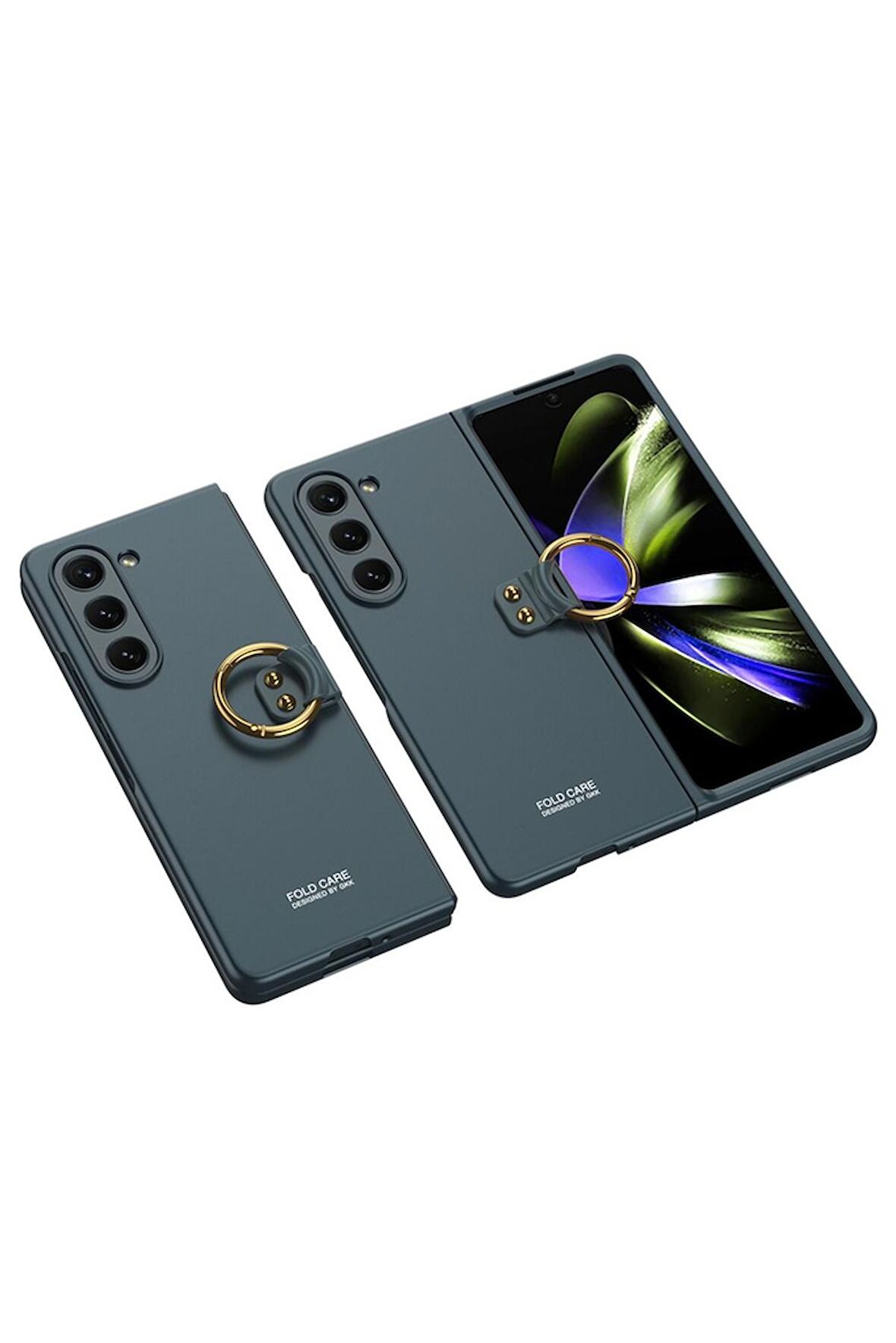 Samsung Galaxy Z Fold 5 Uyumlu Kılıf Kıpta Yüzüklü Flip Sert Kapak Koyu Yeşil
